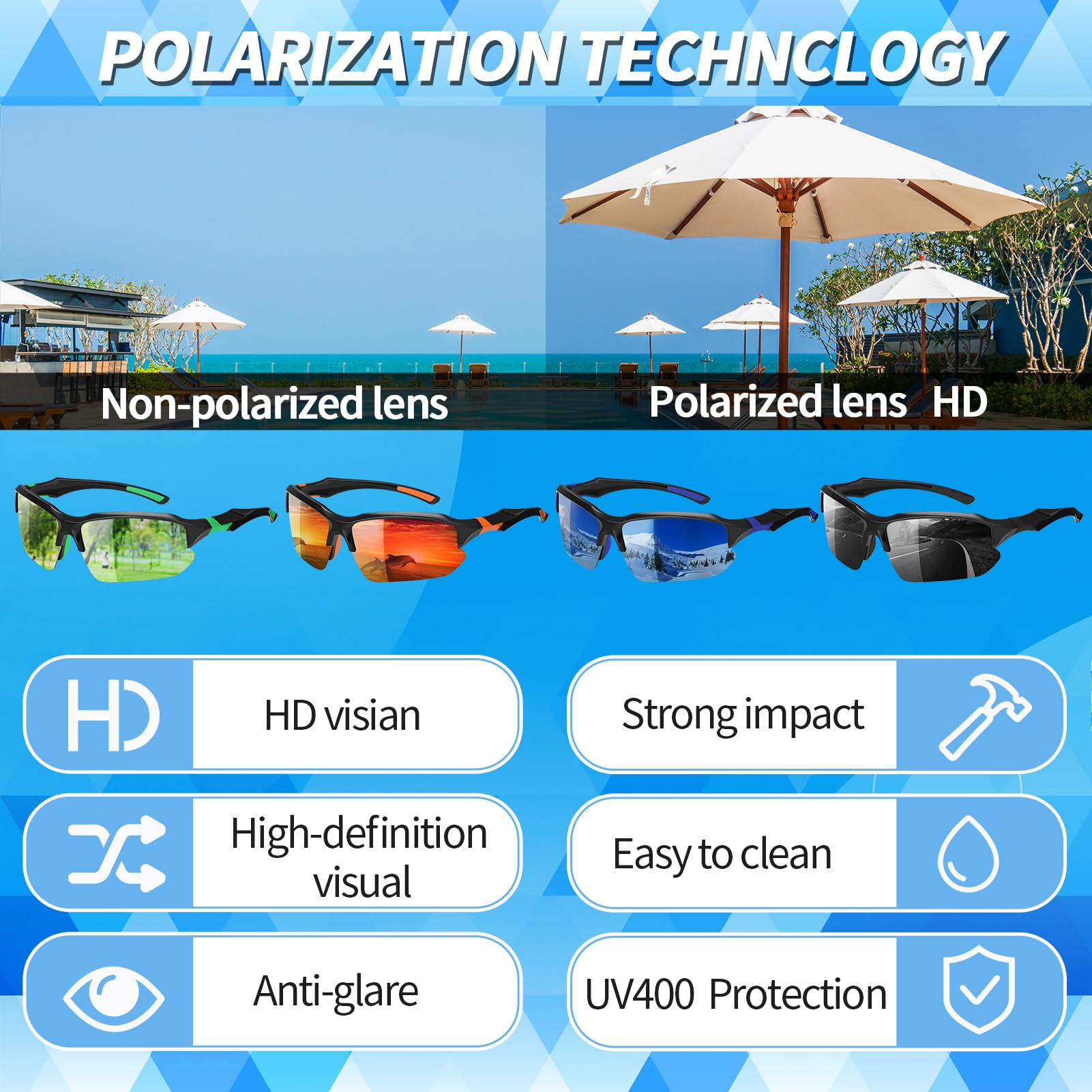 4 Pack Polarized Sports Sunglasses for Men Women, UV Protection Lightweight Half Frame Sun Glasses for Outdoor