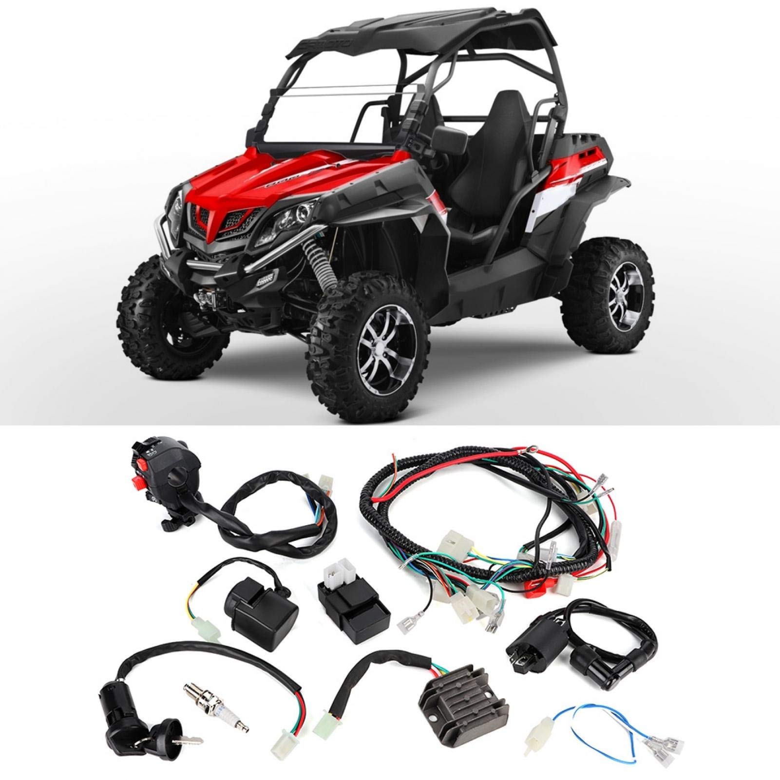 Kit Completo di Cablaggio Quadruplo Kit di Cablaggio Elettrico ATV con Relè Solenoide Interruttore di Accensione CDI per Quad ATV 200-300cc
