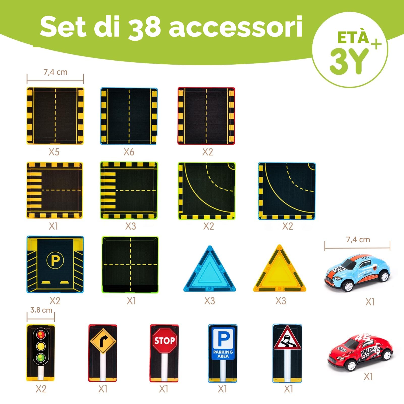 hahaland Costruzione Magnetiche 3-5 anni, Tessere Magnetiche Costruzione Bambino 38 pezzi, Blocchi Magnetici Strada Città con 2 Macchinine, Regalo Bimbo 3 4 5 6 anni