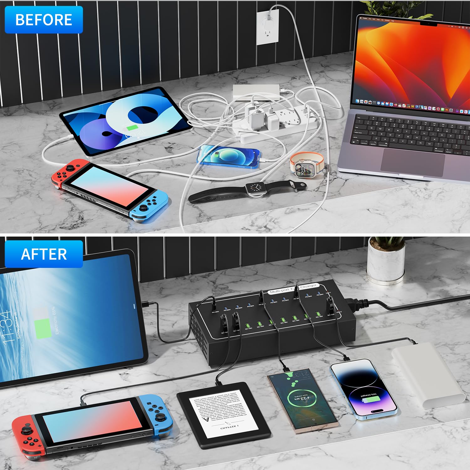 Station de charge USB rapide 430 W, Vantacent89 20 ports (10 PD + 10 QC) USB C Station de charge pour plusieurs appareils, bloc de charge avec protection intelligente pour iPhone, téléphone portable