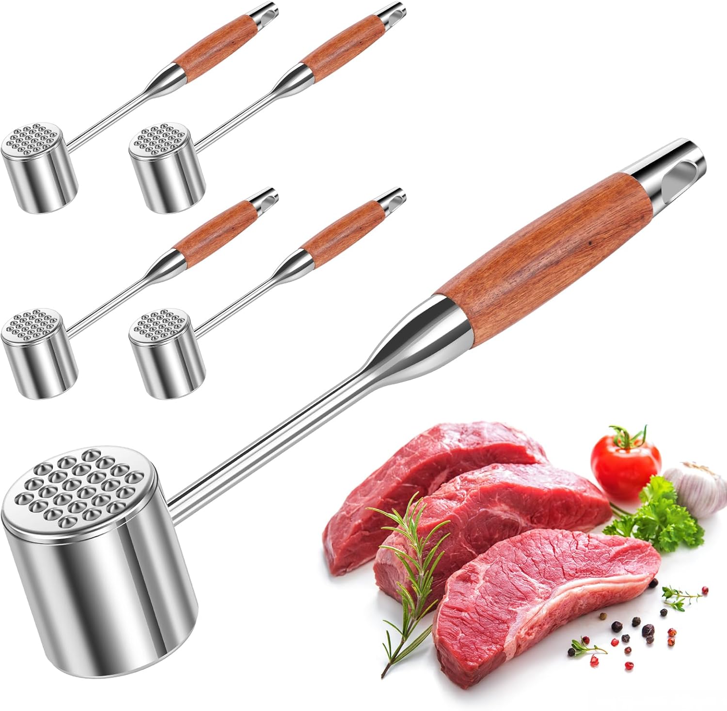 5PC 1.1Lb Dual-Side Meat Tenderizer Hammer, Heavy Duty Mallet with Wood Handle for Kitchen,Heavy Duty Pounder For Tenderizing Steak,Meat Tenderizer Mallet Ideal for Tenderizing Steak,Chicken,Beef