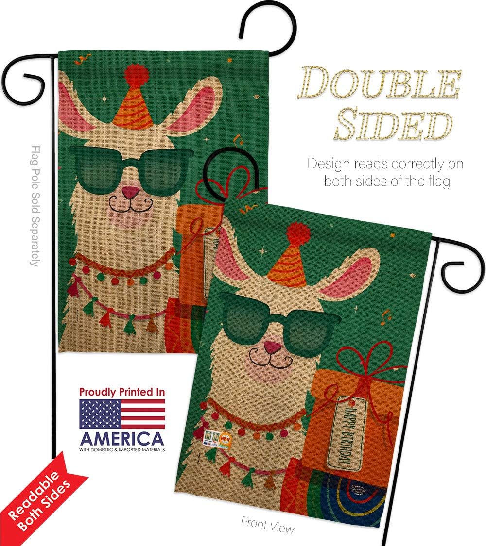 Cool Llamas Birthday Garden Flag Set Wood Dowel Celebration Cake Gift Present Candy Bouquet Occasion Anniversary Party Small Decorative Yard House Banner Double-Sided Made In USA 13 X 18.5