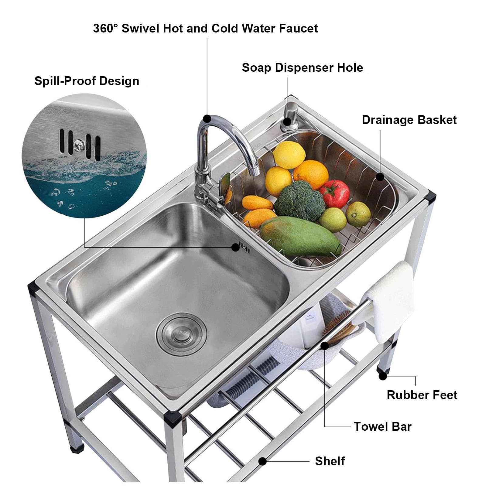 Lavello da Cucina Professionale, lavello a Doppia Vasca in Acciaio Inox autoportante con Staffa e Rubinetto per Acqua Calda e Fredda, Ideale per Bar, ristoranti e spazi Esterni.