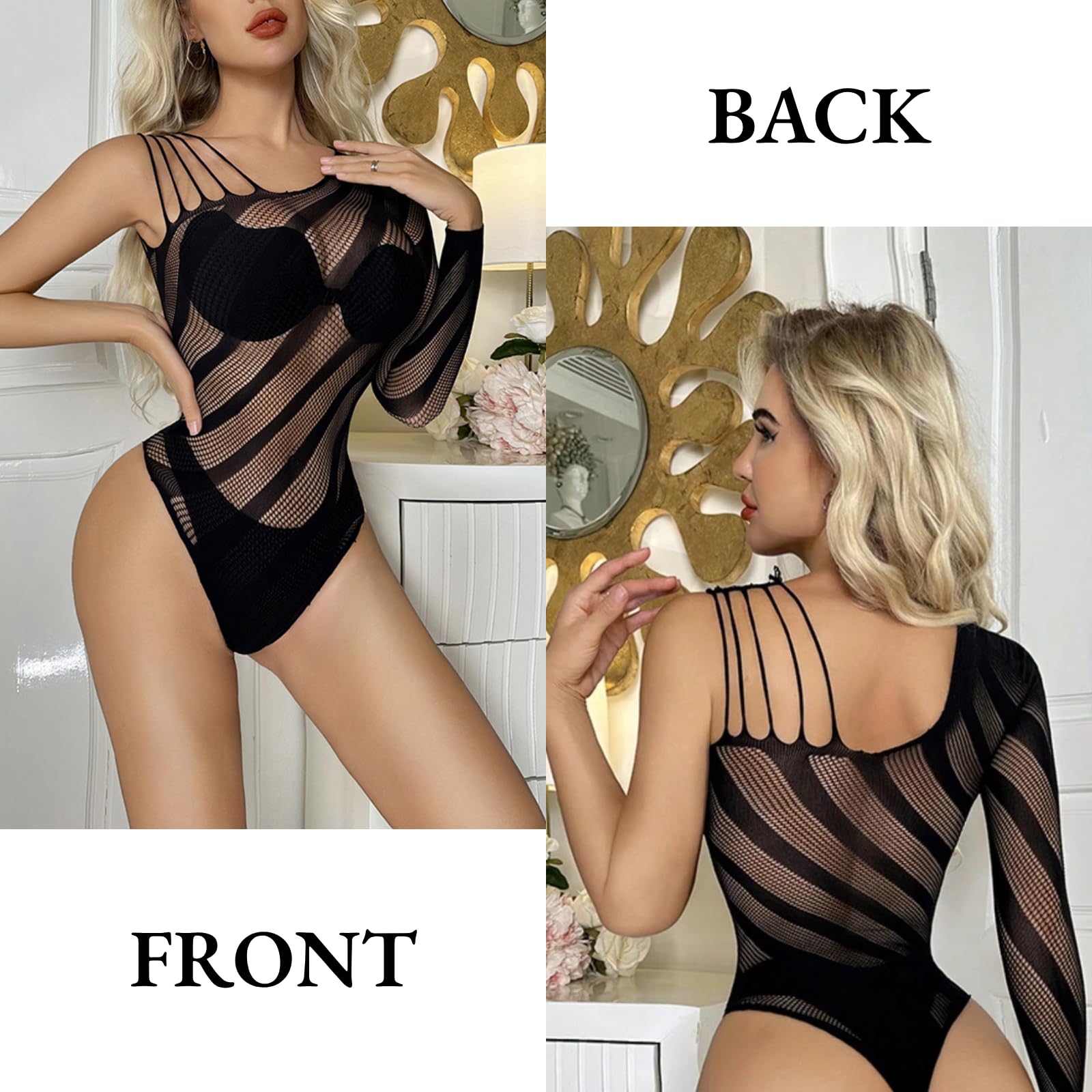 ZWCHGJ Body damskie, Body kabaretki Przezroczysta siateczka Trykot w paski Prześwitujące stringi Top Na jedno ramię Wycięcia Kombinezon Bodycon Teddy Catsuit, impreza, klub, wyjście