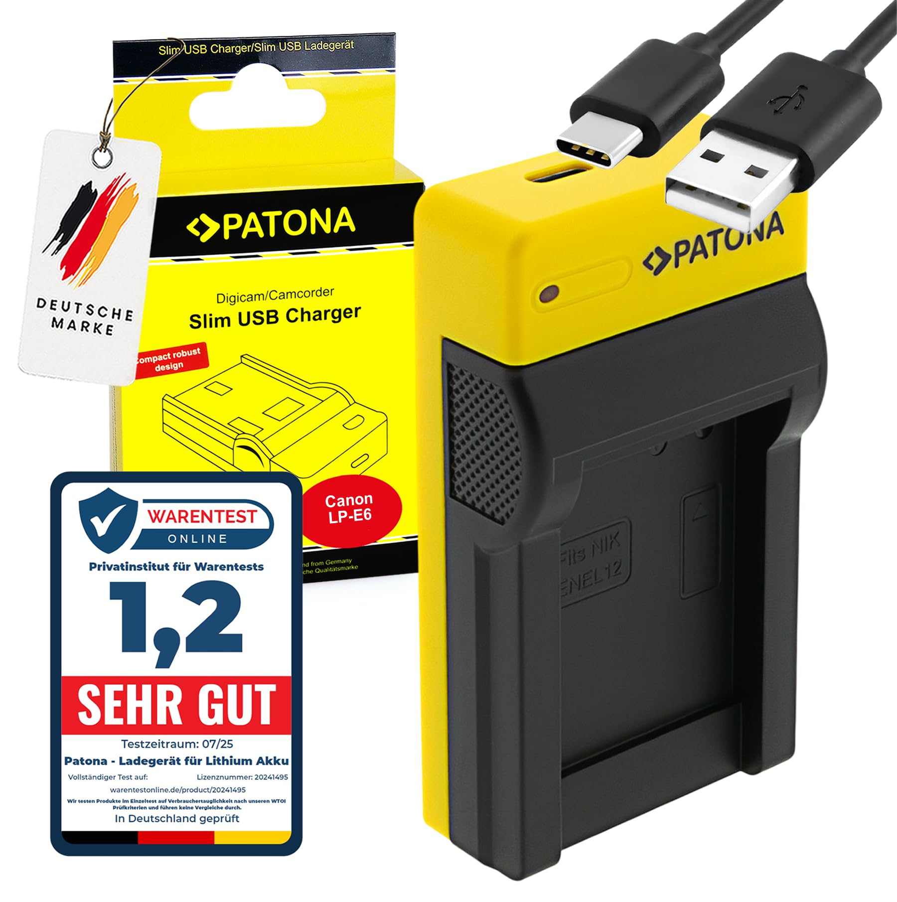 PATONA Caricabatterie Slim USB-C per batteria Nikon EN-EL12 – per CoolPix A1000 A900 AW100 AW130 P300 P310 P340 S8000 S8200 S9100 S9400–S9900 S1200pj – ricarica ovunque, anche da powerbank