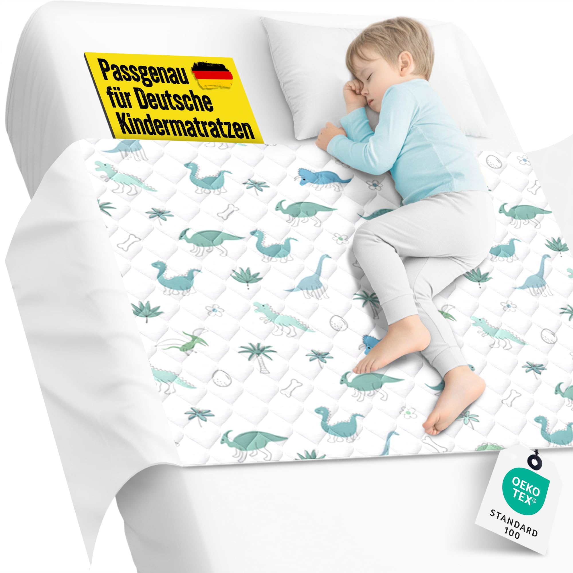 SpielLieb® Bettunterlage wasserdicht Kinder | Atmungsaktive Inkontinenzunterlage waschbar mit Einschlagtuch | Oeko-TEX Zertifiziert | Perfekt passend für deutsche Einzel- & Kinderbetten (Dino)