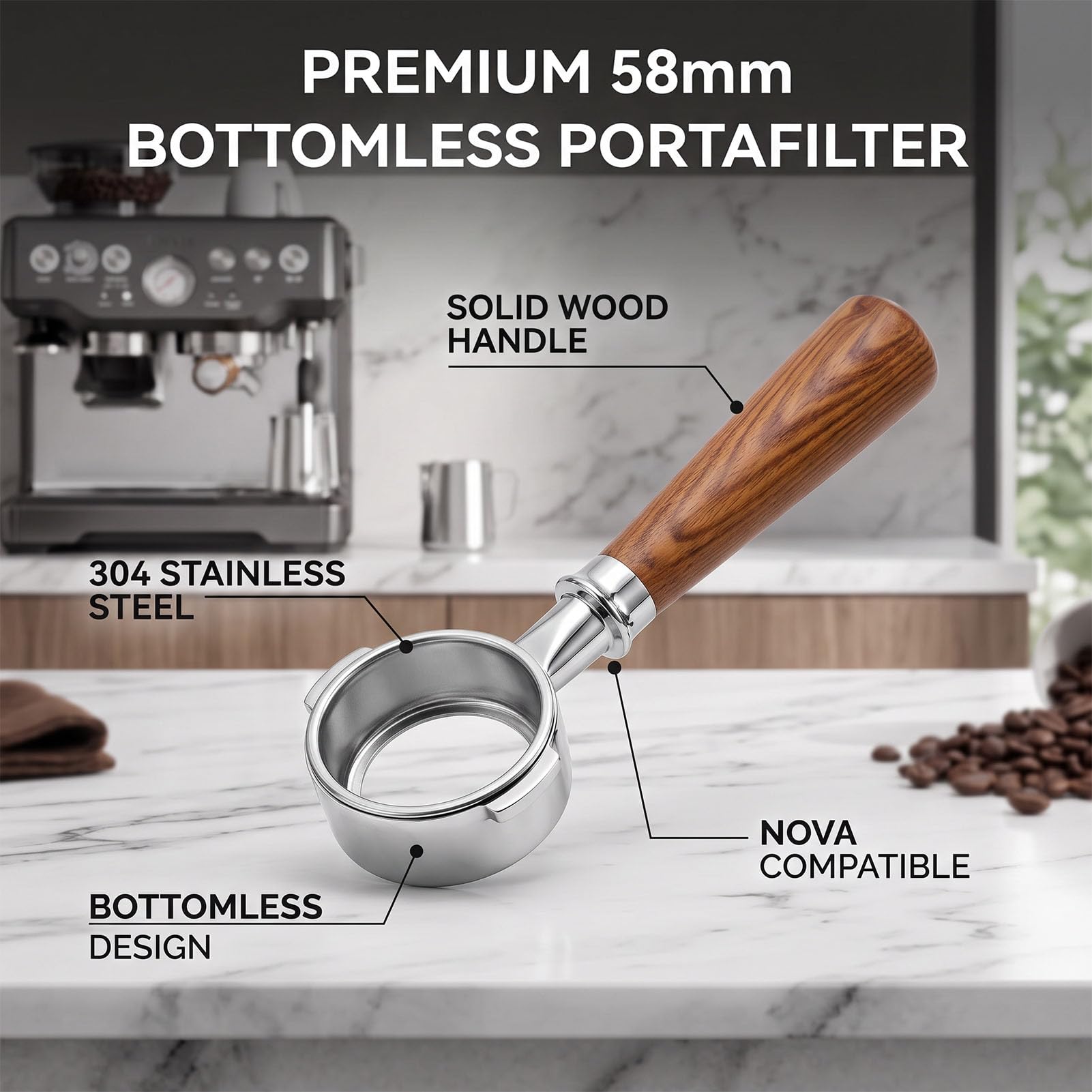 YUYTE Portafiltro sin Fondo de Acero Inoxidable 304 de 58 Mm (BROWN)