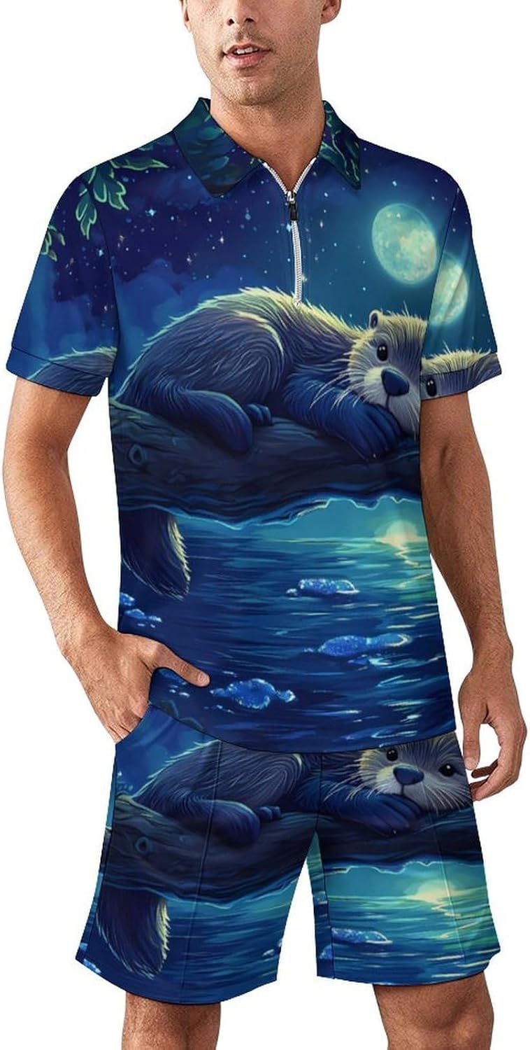 Wildlife Animal Sea Otter Mens Polo Shirts Track Suits 2 Piece Short Sleeve Sweatsuit 1/4 Zip Golf Loungewear for Sports