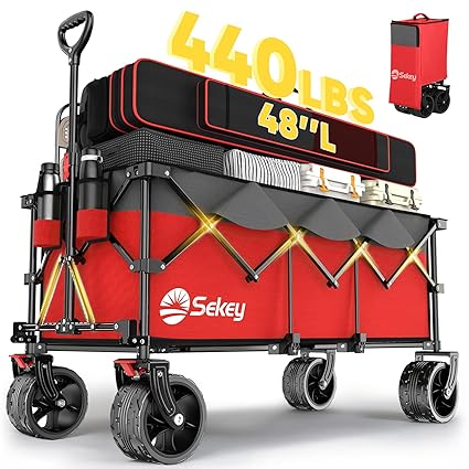 Sekey Collapsible Foldable Extended Wagon with 440lbs Weight Capacity, Heavy Duty Folding Utility Garden Cart with Big All-Terrain Beach Wheels & Drink Holders. Red&Grey