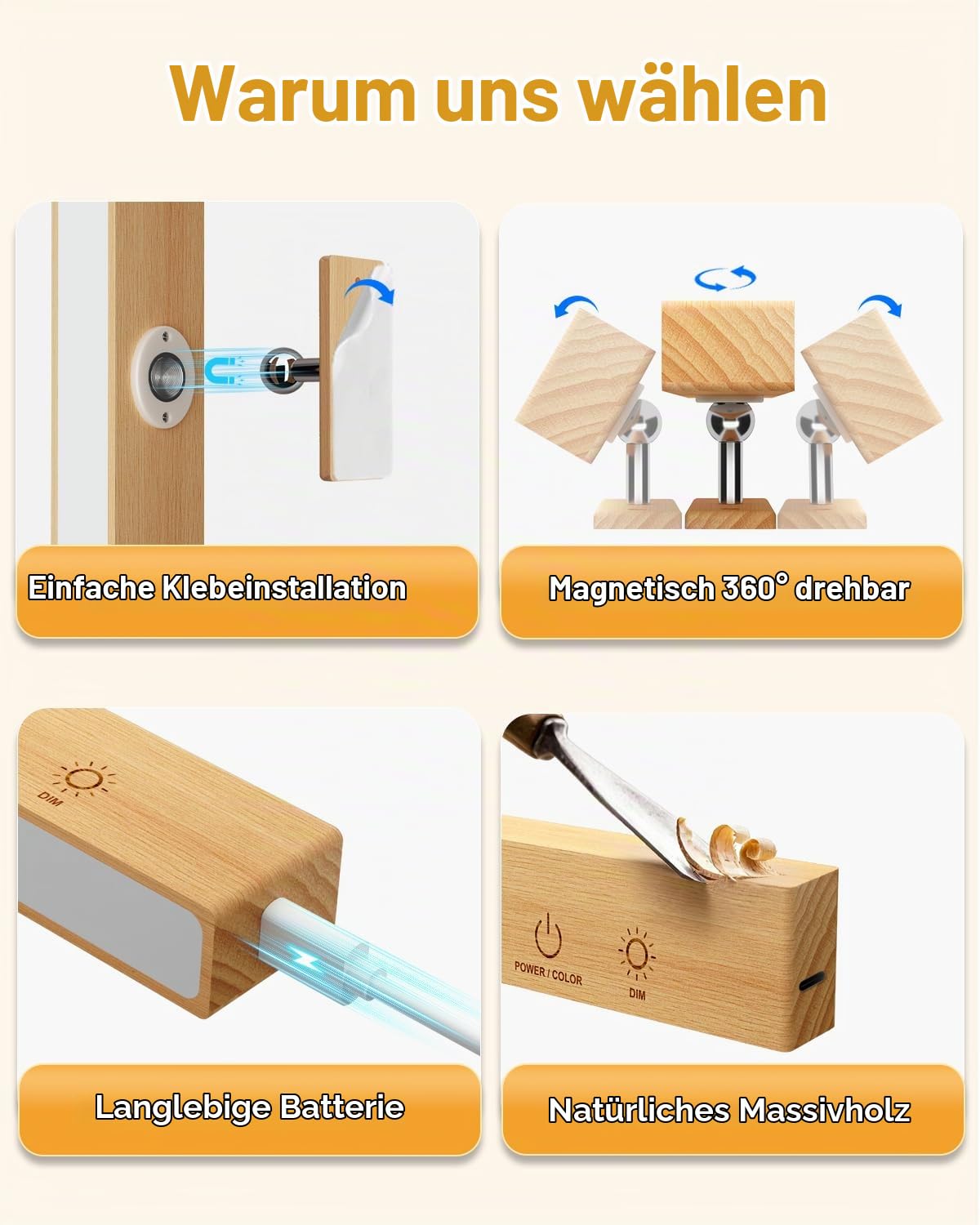 DetarZinLED Wandleuchte Akku Fernbedienung & Touch Buchenholz 2 Stück | Wandlampe Ohne Bohren, Bett Leselampe, Dimmbar, 3 Farbmodi & RGB, Magnetisch, 360° Drehbar, Schlaf/Wohnzimmer, Aufladbar