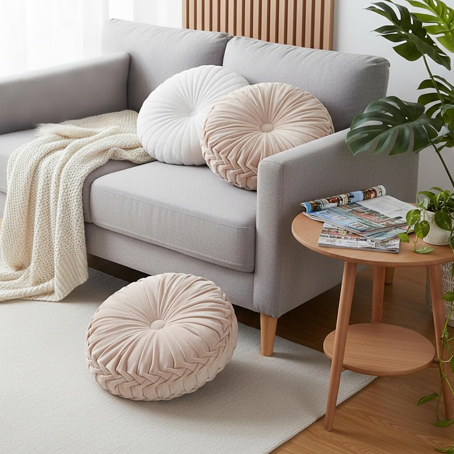 3 Pcs Round Throw Velvet Pillows Classy Accent Pumpkin Throw Pillows 15 Inch Decorative Cushion for Couch Chair Bed Car, 2 Styles (White) - Image 5