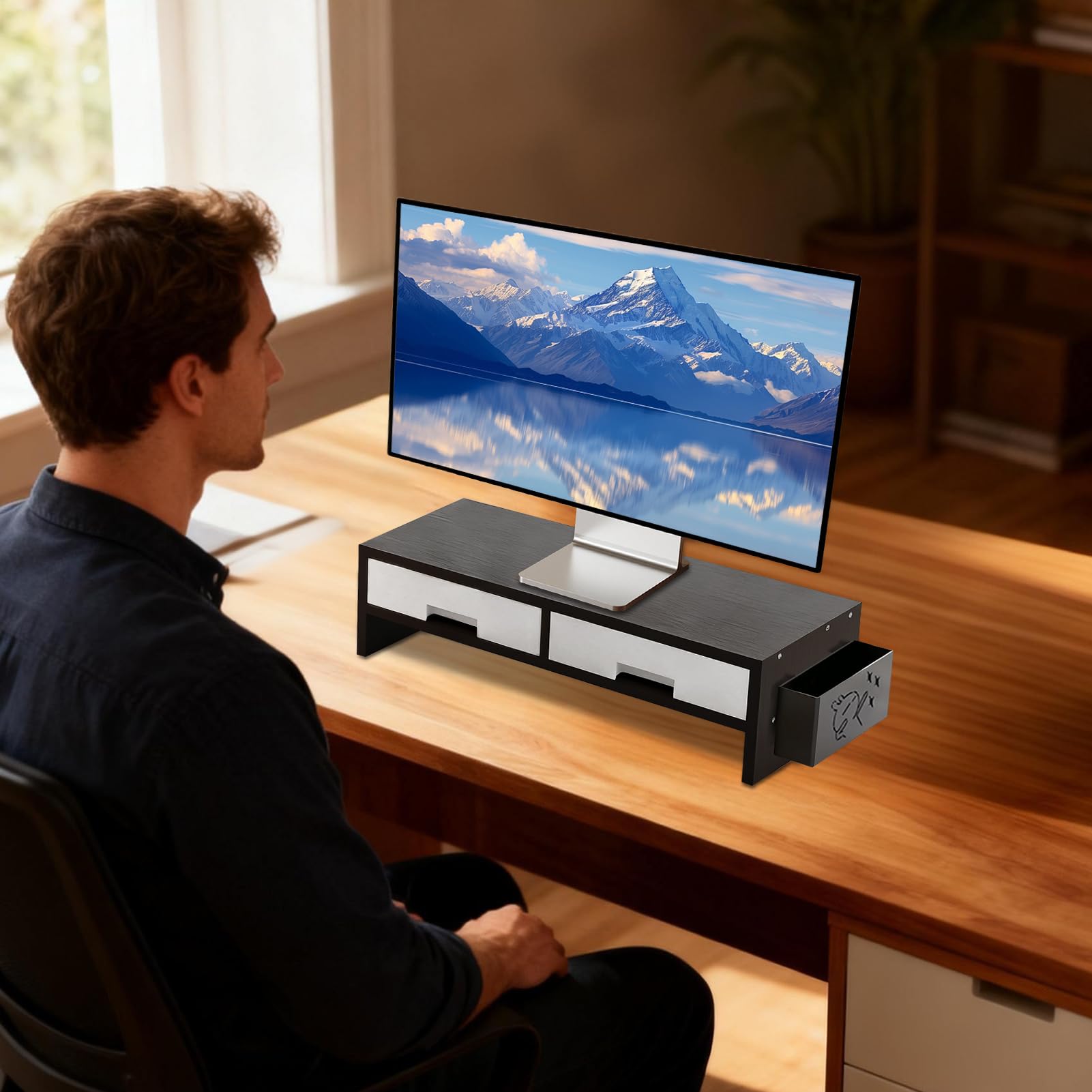 Supporto Per Monitor Da Scrivania - Organizer Ergonomico A Doppio Cassetto, Piattaforma Di Visualizzazione Del Computer Rialzata, Accessorio Multifunzionale Per L'area Di Lavoro | Organizzazione Deskt