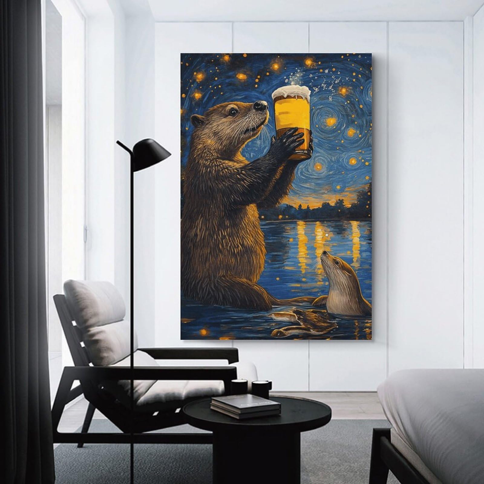 Junmoney Unframe-Style-19 Otter Drinking Beer Canvas Wall Decor, 24X36inch(60X90cm), For Wall Displays, Bedrooms Or Room Updates, Wall Decor Suited To Curated Displays