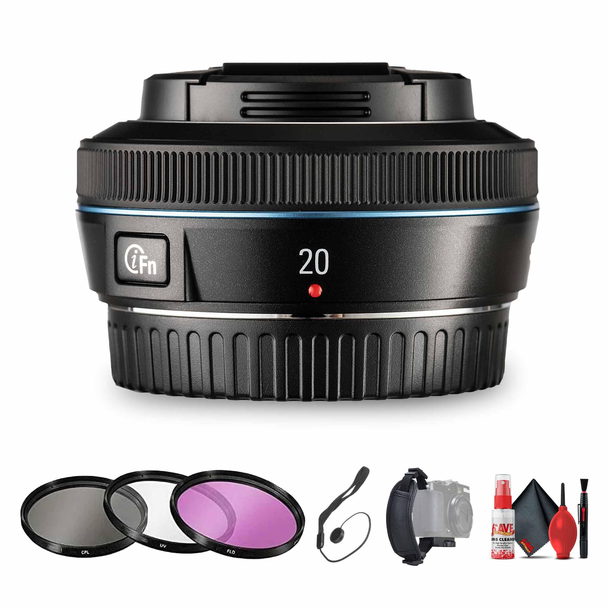 Samsung 20mm f/2.8 Pancake Lens Bundle Including: 3 Piece Filter Kit, Cleaning Kit, Hand Strap, Lens Cap Keeper