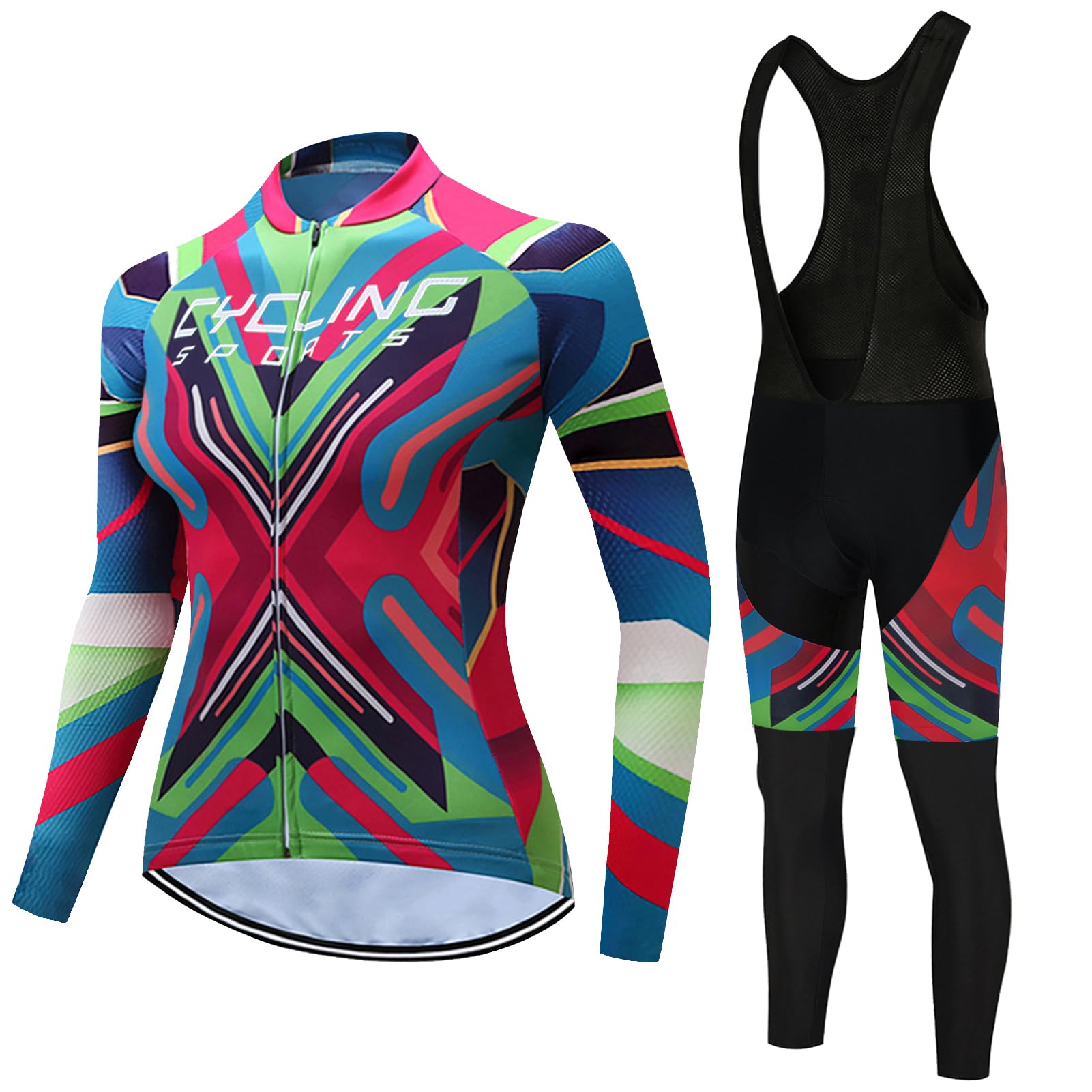 Ropa Ciclismo Mujer Conjunto Ciclista Maillot Bici MTB Manga Larga,Traje Bicicleta Chaquetas y Pantalones Tirantes con 19D Gel Acolchado,Completa BTT Jerseys Primavera Otoño Secado Rápido Transpirable