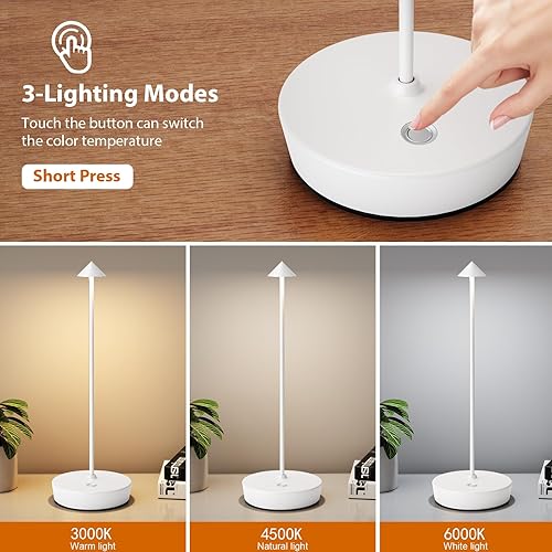 Miniatura 3 de YIBEN Lámpara de mesa inalámbrica recargable, batería LED portátil de 6000 mAh, lámpara de escritorio USB de metal, 3 niveles de luz de brillo para