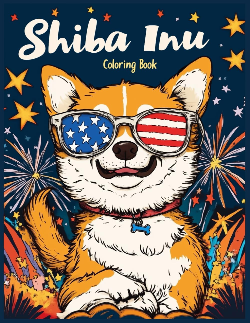 Shiba Inu Dog Coloring Book: Cute Shiba Inu with American Flag Sunglasses, Patriotic Dog Coloring Pages for Kids & Adults
