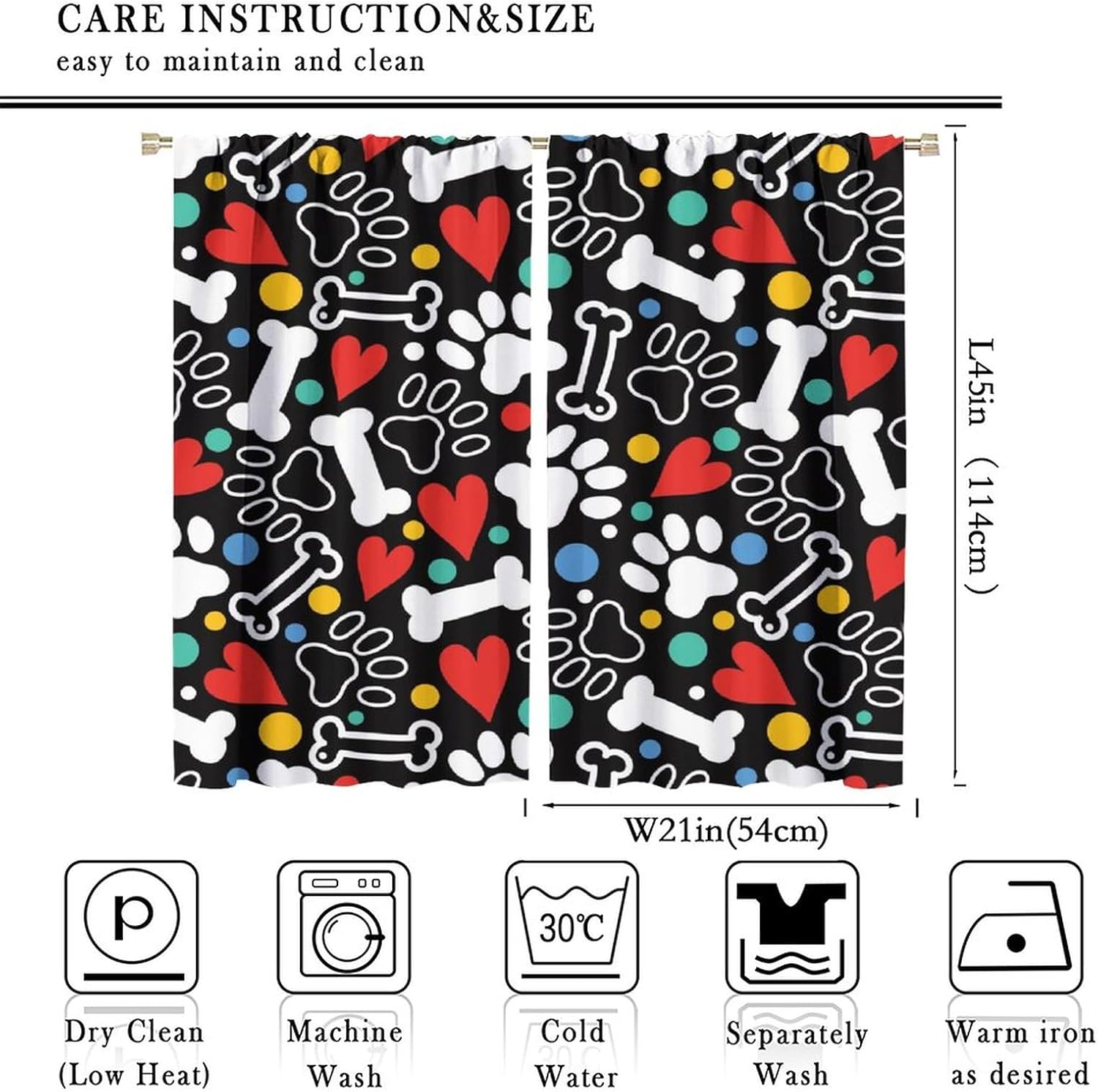 Dog Paw Print Curtains for Kids,Cartoon Animal Paw Bones Printed Polyester Fabric Curtains for Boys Girls Bedroom Living Room Study Rod Pocket Window Drapes 2 Panel Set,Total Size 42" x 45"