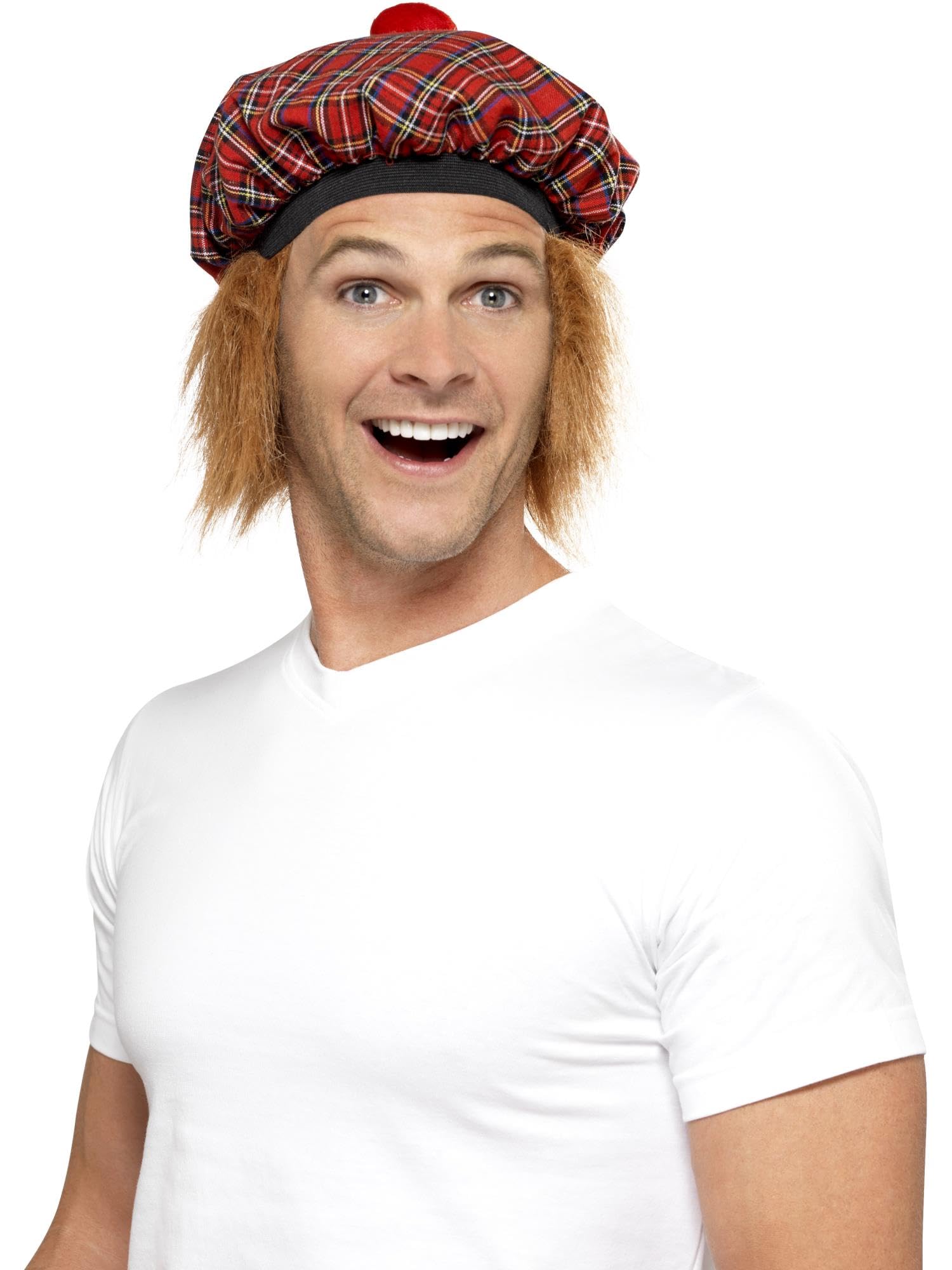 Red Tartan Witch Hat with Hair - One Size Fits Most - Unisex-Adults