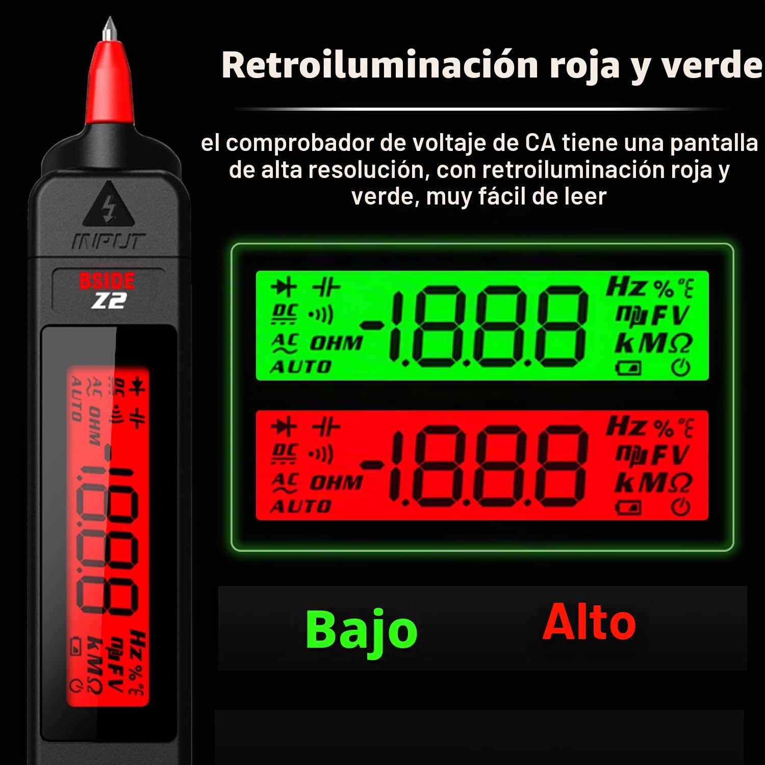 BSIDE Z2 Detector de Electricidad Sin Contacto Bolígrafo Probador de Voltaje AC 12-300V con Zumbador y Alarma Visual Medidor de Fugas Electricas Unipolar con Linterna y Batería para Casa