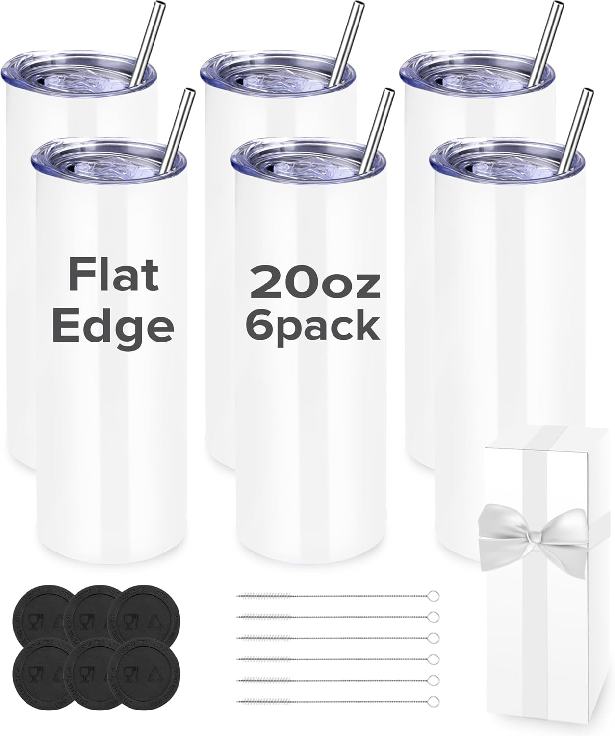 FASTSUB Sublimation Tumblers 20 oz Blank Bulk Cups Straight Skinny Stainless Steel Double Wall Vacuum Insulated with Lids and Straws for Tumbler Heat Press White 6 Pack