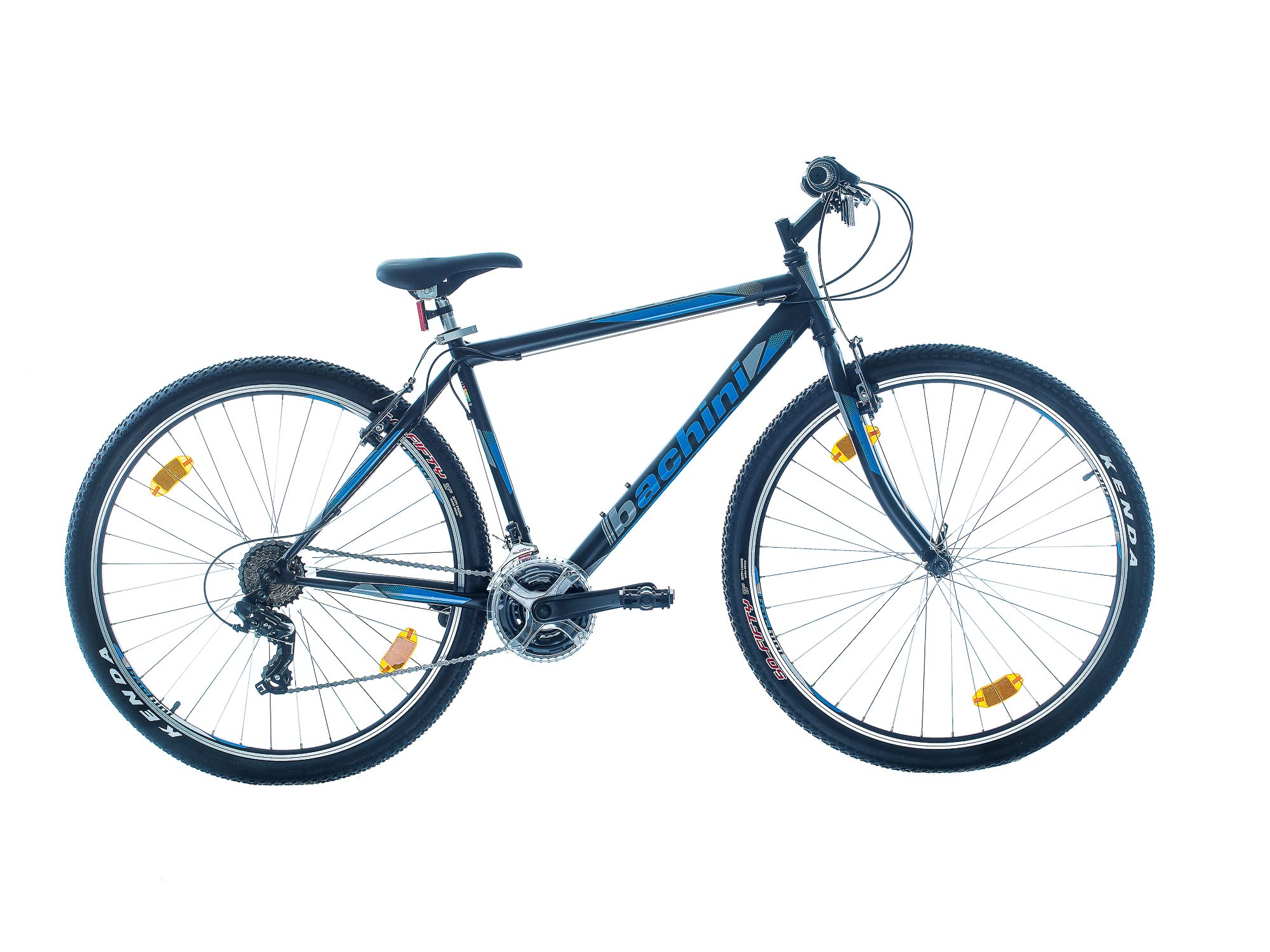 Multibrand Bachini Pro Vélo VTT 29 Pouces, 21 Vitesses, Frein V-​Brake, Unisexe, Convient pour 175–190 cm (Noir avec Bleu et Gris)