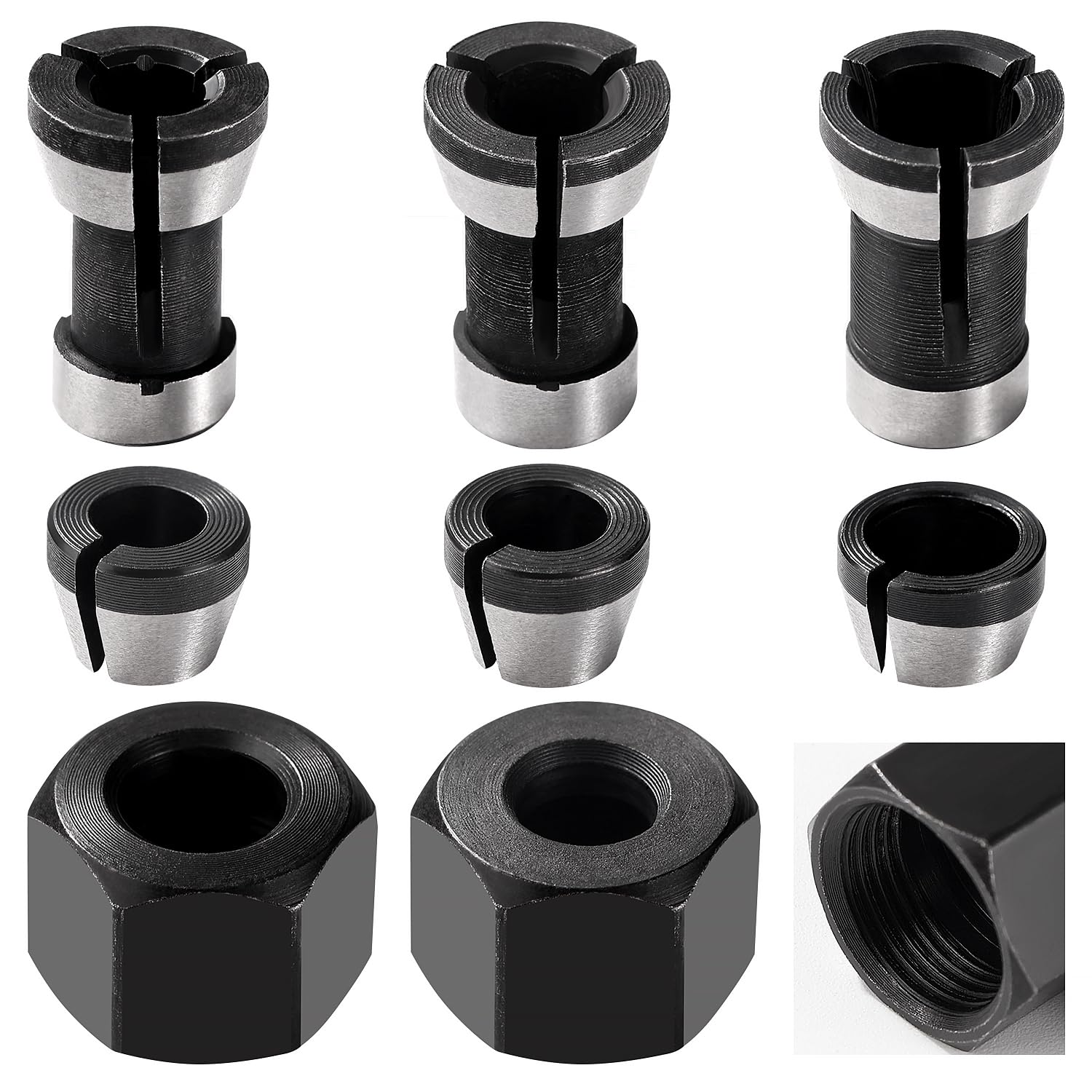 VooGenzek 6 PCS 6mm / 6.35mm / 8mm Router Collet Chuck, Router Bit Collet Chuck, Trimmer Collet Adapter with 2 PCS Nut