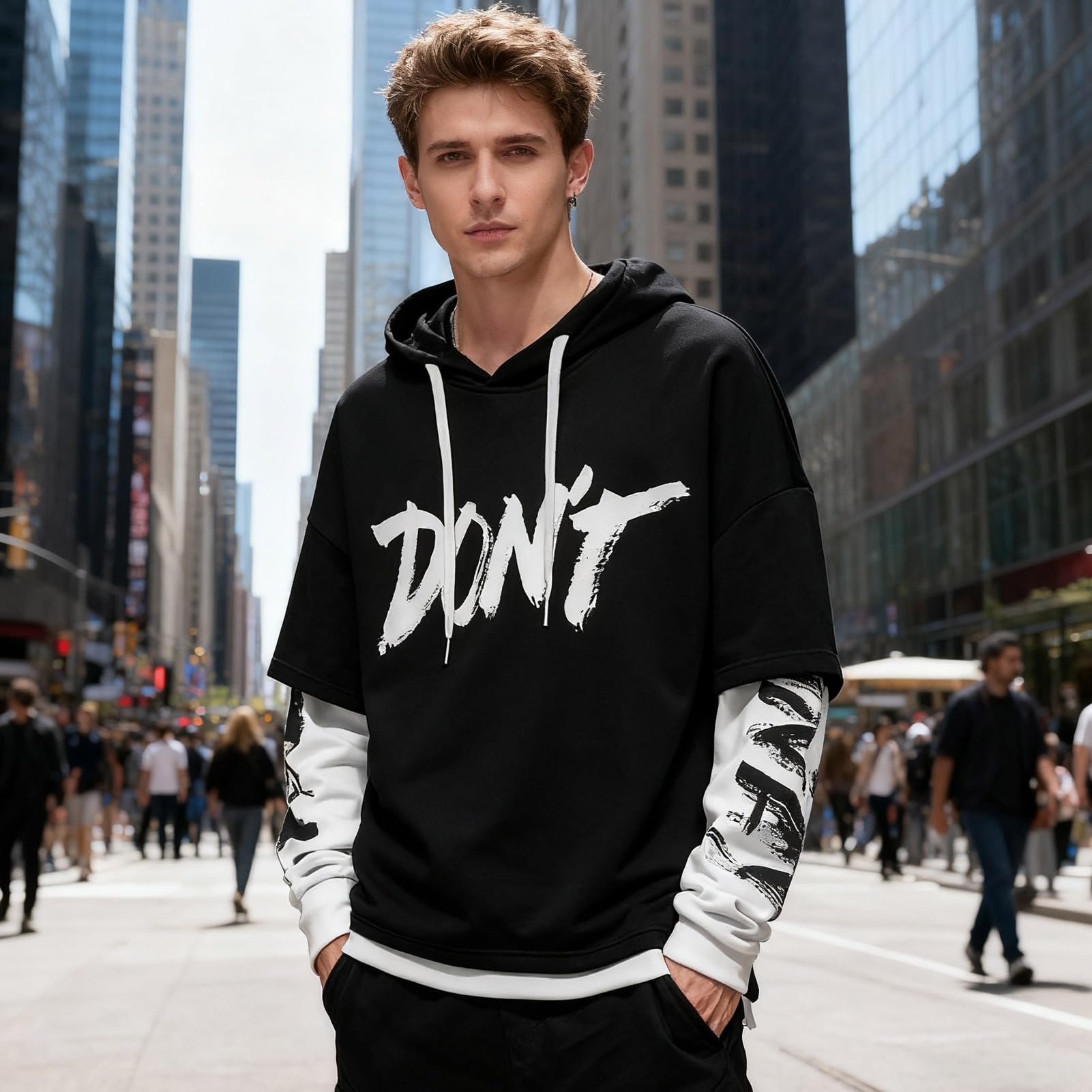 Felpa da Uomo con Cappuccio Stampa Patchwork Sweatshirt | Pullover Uomo Harajuku Stile di Strada Cotone Hoodie