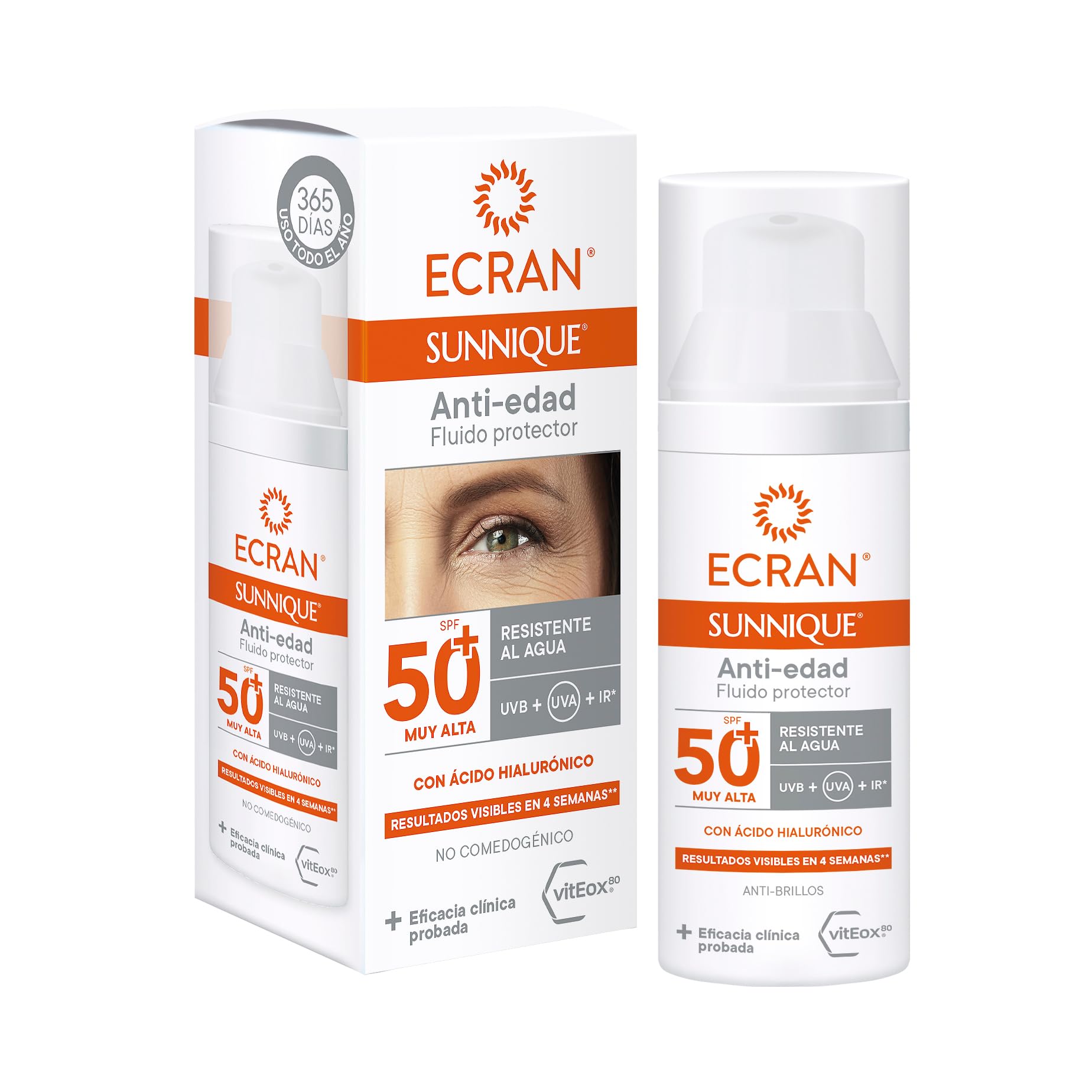 Ecran Sunnique - Fluido Facial Solar Anti-edad FPS 50+, con Ácido Hialurónico, Protección UVB + UVA e IR-A, Anti Arrugas y Anti Manchas, Fórmula con VitEox 80, Para Cara y Escote - 50 ml