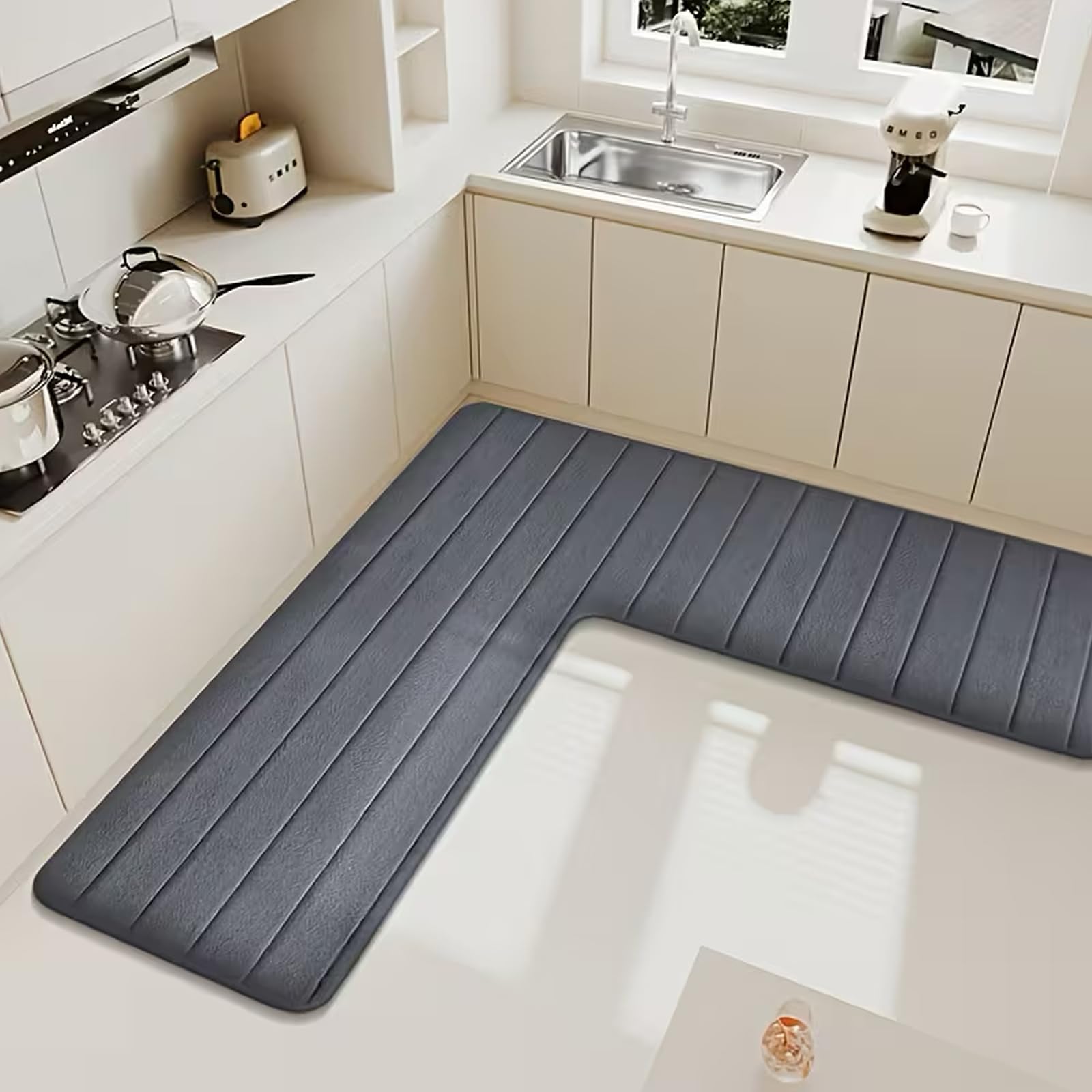 Wlian L-Shaped Kitchen Mat – Non-Slip Absorbent Corner Floor Mat for Kitchen & Home, Soft L-Shape Rug for Bathroom, Toilet & Shower Corners, Machine Washable, DarkGrey, 150x150x45cm