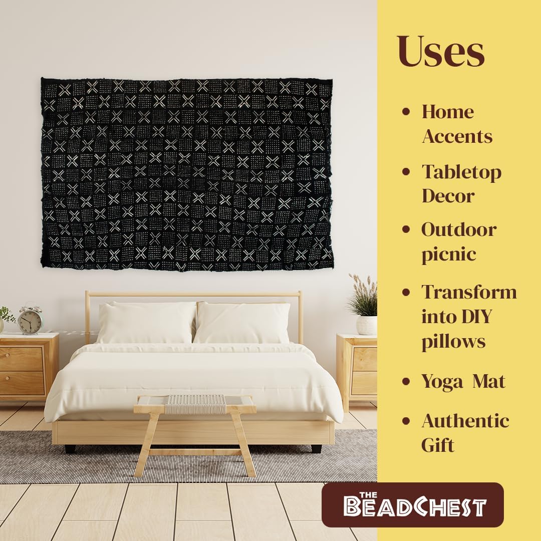 The Bead Chest Ebony Black Bogolan Mali Mud Cloth - Handmade African Textile from West Africa - 40x64 Inches - Ideal for Home Decor, Boho Throw Blanket, Upholstery, or Crafts