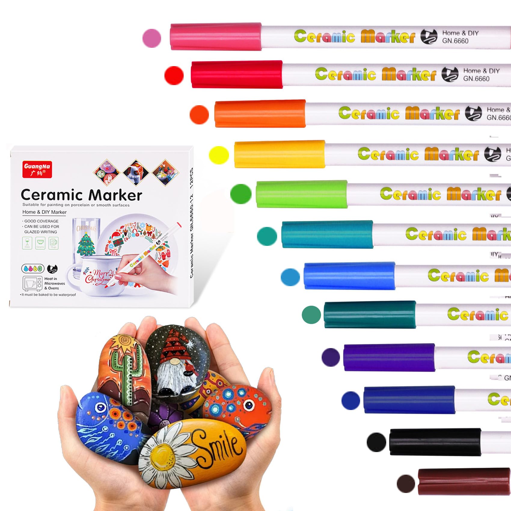 JIEYUCHU Rotuladores Acrilicos, 12 Colores Pluma de Pintura de Cerámica, Rotuladores de Punta Pincel de arte para Pintar Piedras, Tela, Cerámica, Vidrio, Madera, Metal