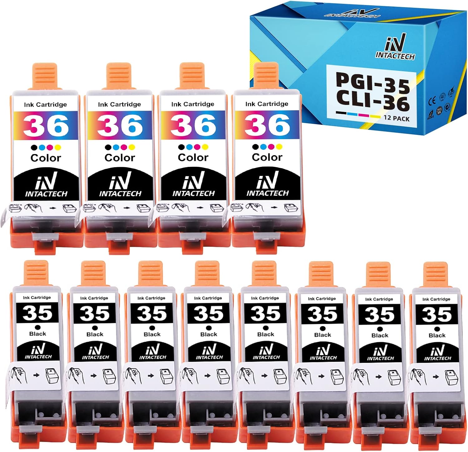 12 Pack Compatible PGI-35 CLI-36 Ink Cartridges Replacement for Canon 35 36 Ink Work with Canon pixma iP110 iP100 tr150 mini260 mini320 Printer (8 X Black, 4 X Color)