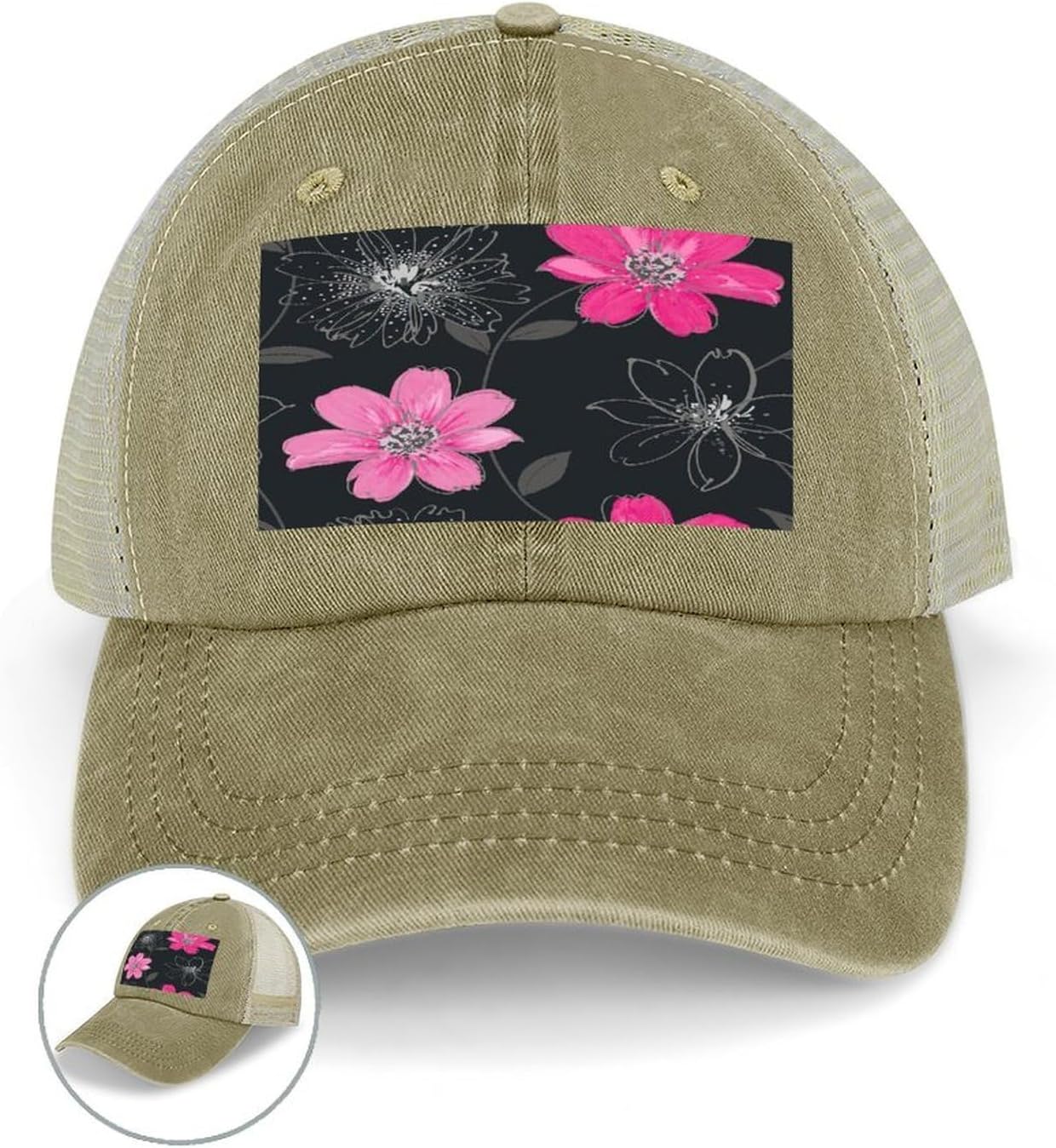 Pink and Black Flower Hat Personalized Adjustable Cowboy Cap Cotton Cap Trucker Hats Dad Hat for Men Women