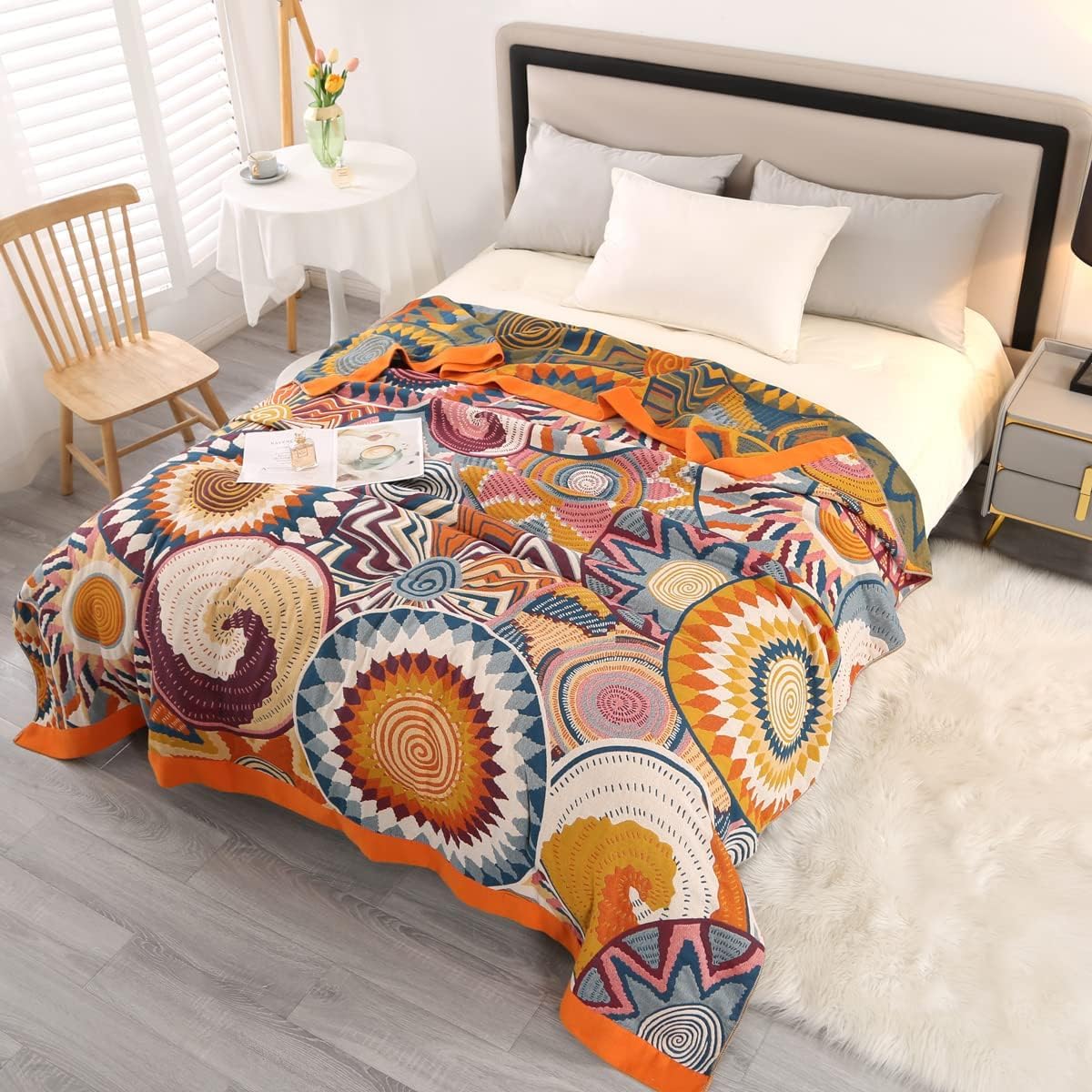 Regenbogen-Gaze-Decke, 4 Schichten, extra groß, Boho, leicht, atmungsaktiv, bunte Musselin-Überwurfdecke für alle Jahreszeiten, Doppelgröße.