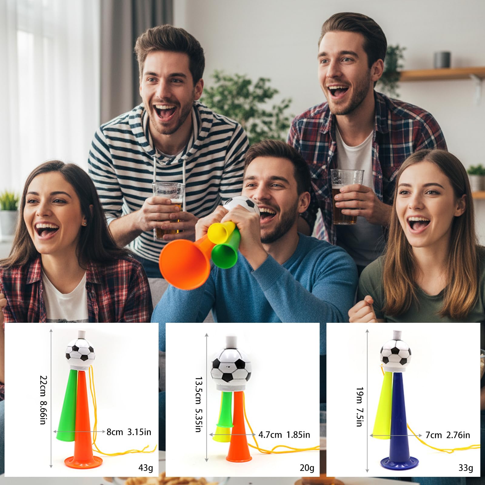 OHAANYY Set di 3 Vuvuzela Professionali per Tifosi, 3 Misure (S/M/L) con Corda, in plastica di Alta qualità. per Adulti (14+). Ideale per Coppa del Mondo, stadi ed Eventi Sportivi.