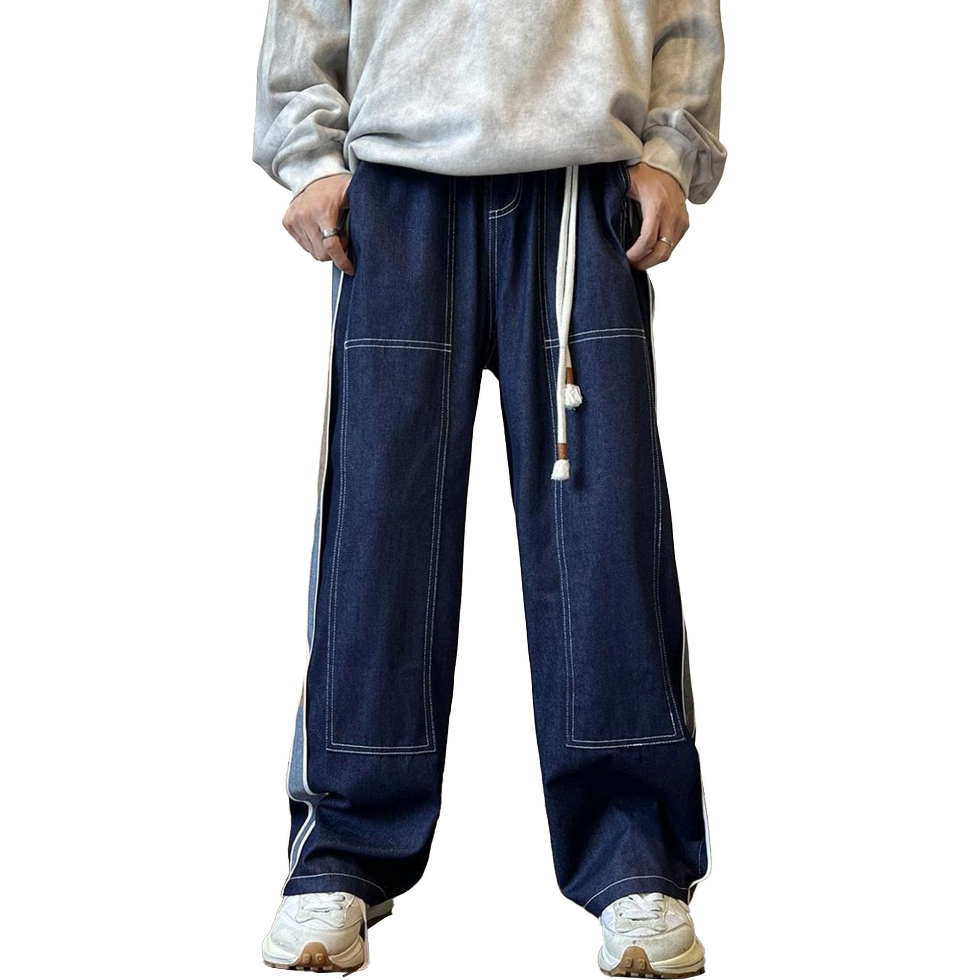 Mens Harajuku Fit Straight Leg Jeans Drawstring Elastic Waist Denim Pants Aesthetic Lightweight Carpenter Jean