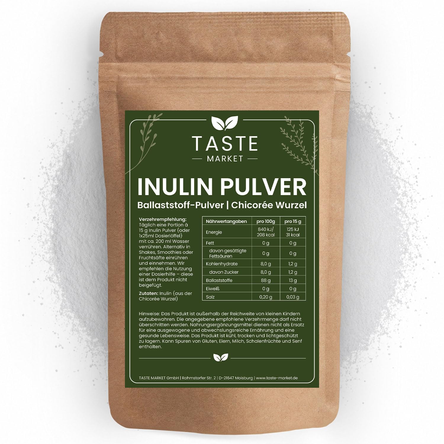 Inulin Pulver 10 kg | aus der Chicorée Wurzel | GRÖSSENAUSWAHL | hoher Ballaststoffgehalt | vegan