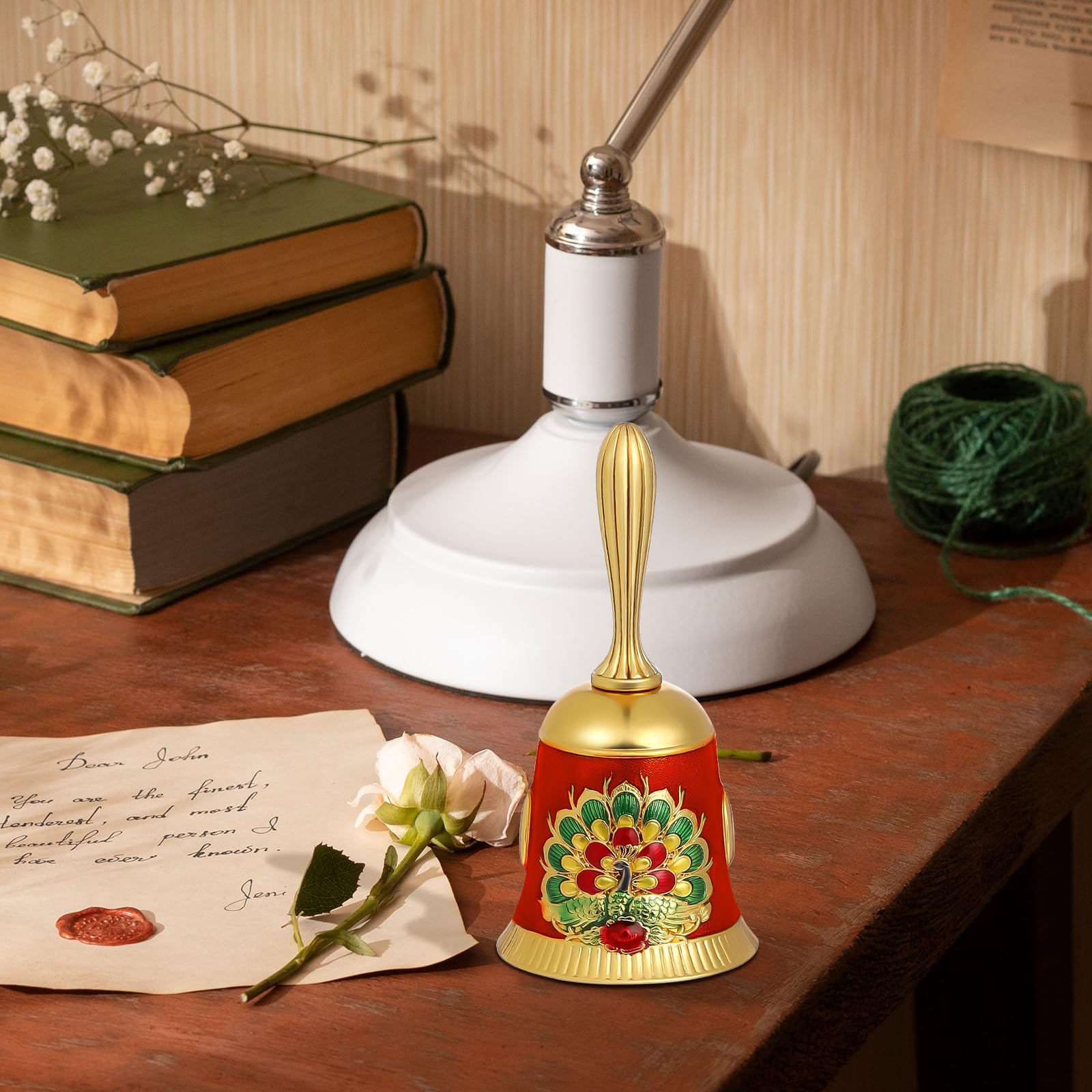 Antique Brass Peacock Engraved Hand Bell – Loud Call Bell For Dinner, Classroom, Service, Door (110mm, 1 Pack)