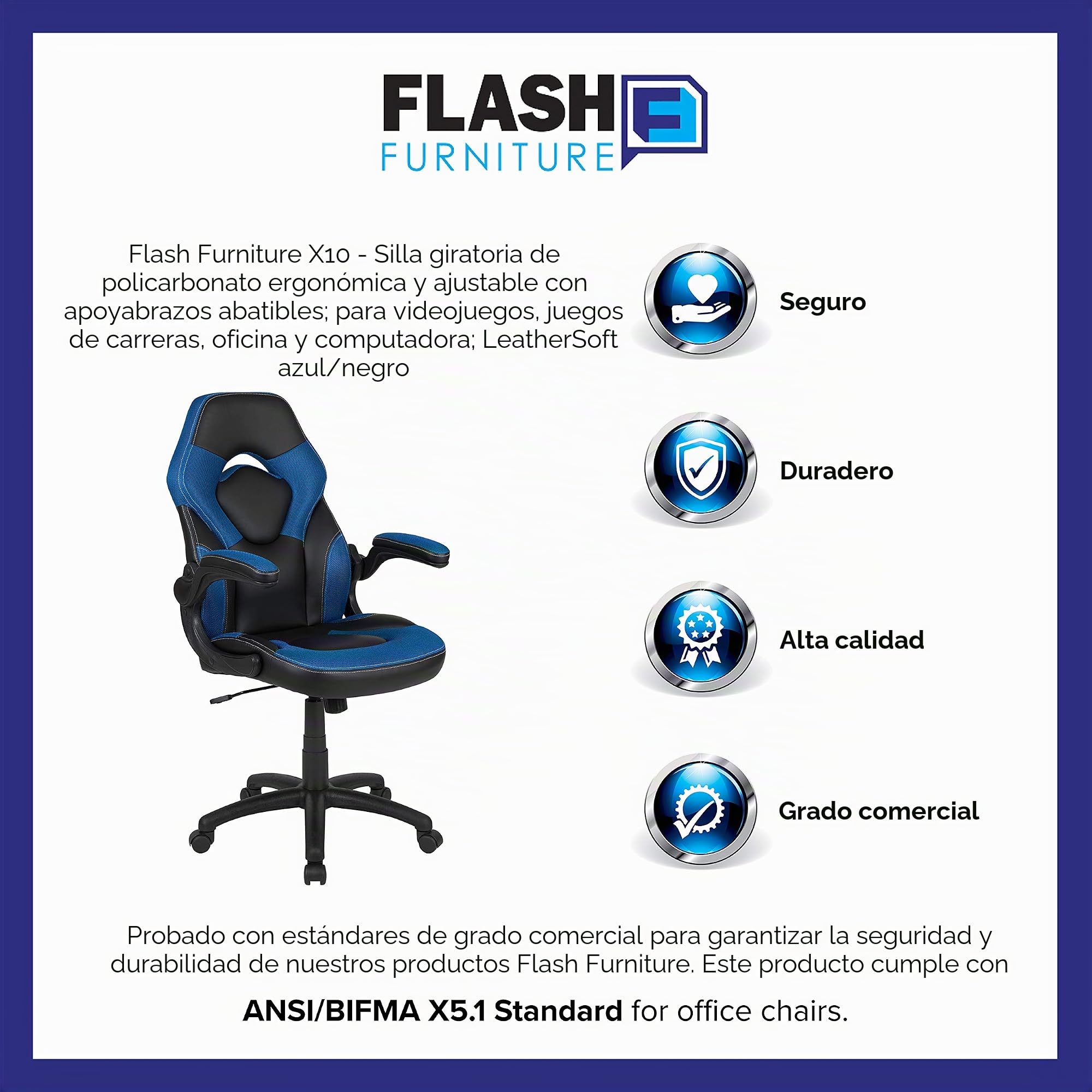 Flash Furniture Revestimiento Flash Sillas de Carreras, Ajustable, Plástico Poliuretano Espuma Malla Madera Técnica, Blau, Pack de 1