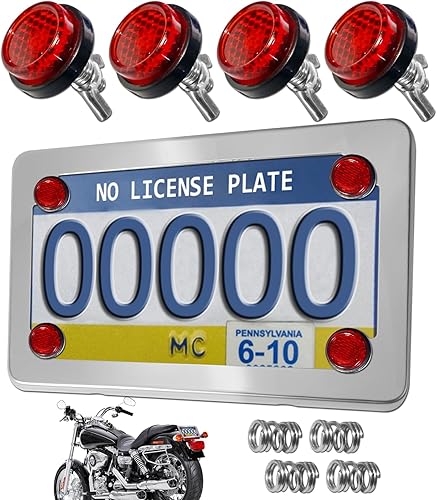Marco de matrícula de motocicleta con reflectores rojos, pernos y tuercas, kit de soporte de placa de acero inoxidable cromado para motocicleta