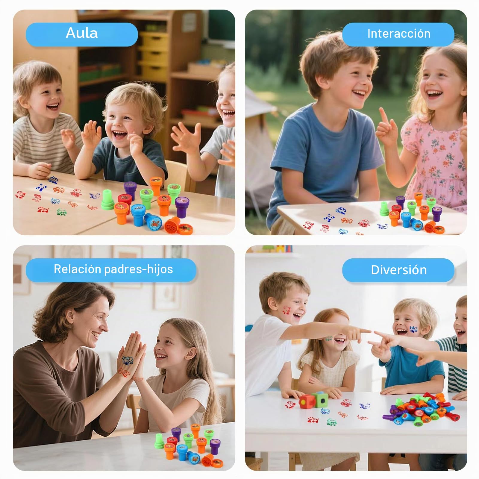 RMIVEGLIA Set de 30 Sellos Infantiles – Sellos para Niños Autotintables con Dibujos de Animales, de Plástico en 5 Colores, Regalos Cumpleaños Niños Colegio, Detalles para Fiestas.