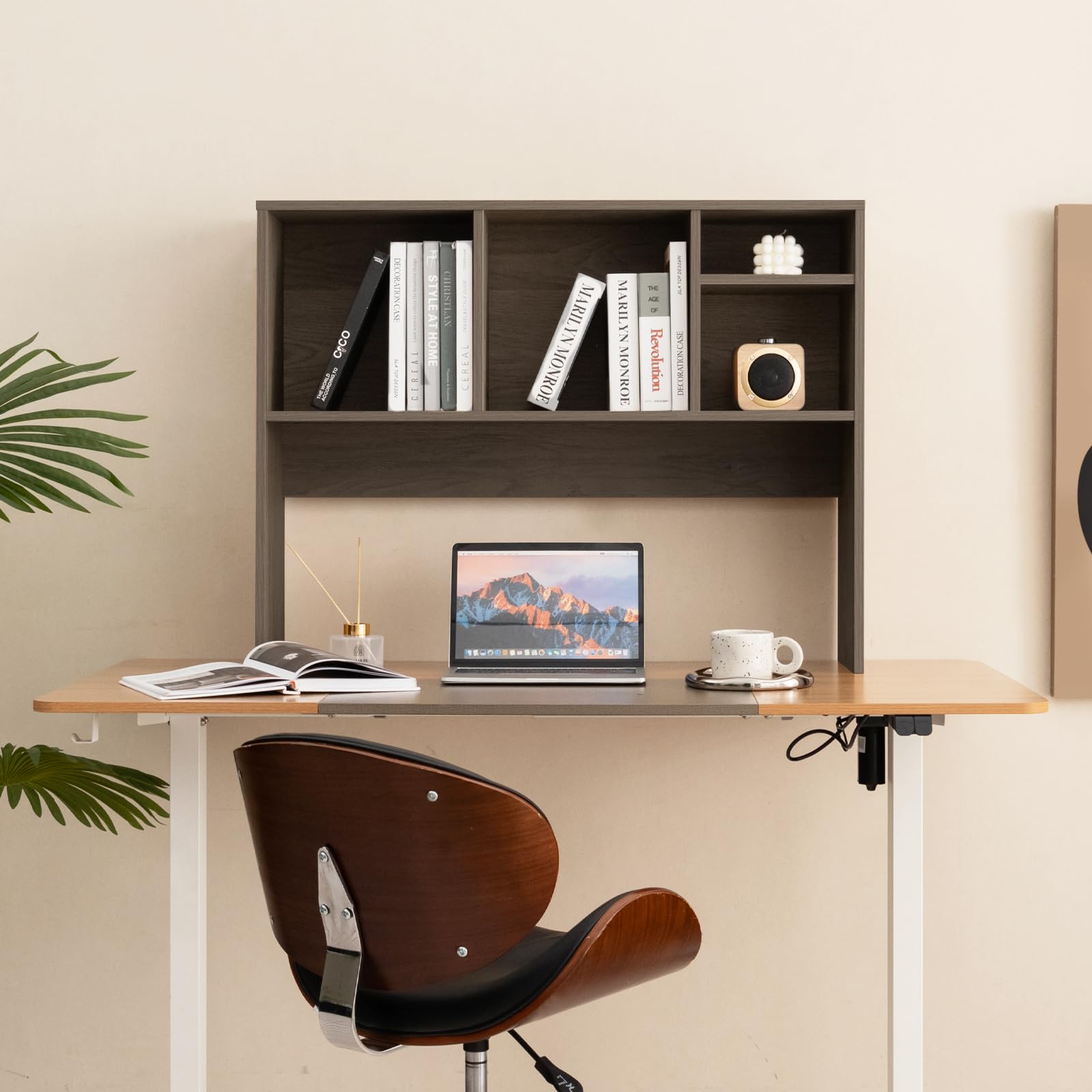 HOMASIS Libreria da Scrivania con 5 Scomparti, Scaffale da Scrivania in Legno, Espositore Mensola Aperta con Piedini Antiscivolo e Dispositivo Antiribaltamento, 94 x 25 x 73 cm (Grigio Scuro)