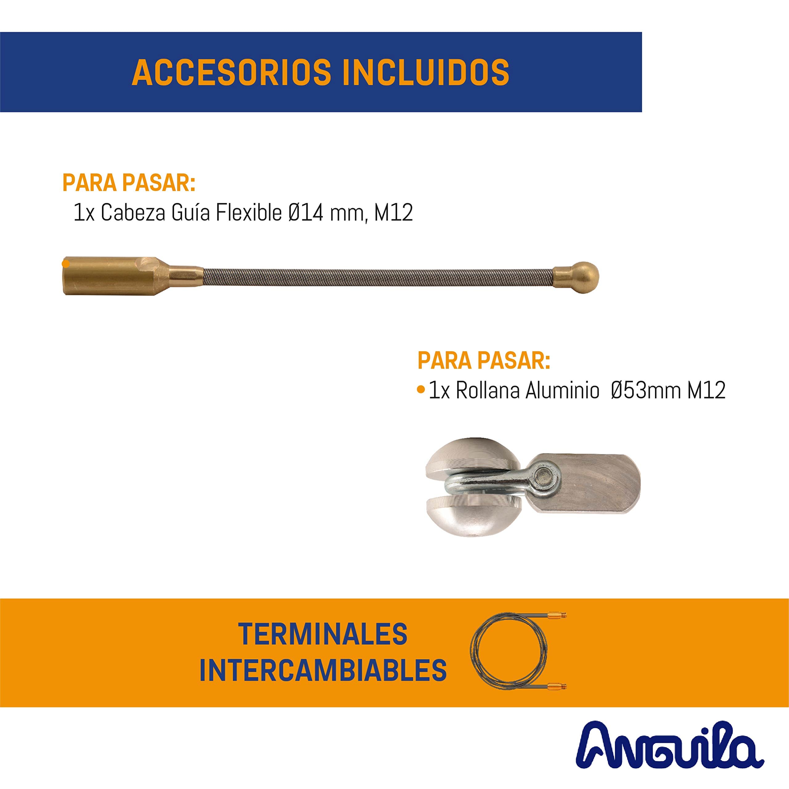 Anguila Pasacable Industrial Fibra Vidrio Amarillo ⌀11mm 150m VH800 | Rígida, sin efecto memoria y gran fuerza de empuje en recto; terminales intercambiables; incluye 2 accesorios