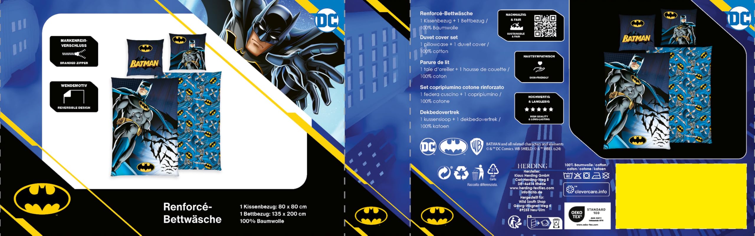 Batman - Biancheria da letto DC Comics, 80 x 80 cm + 135 x 200 cm, 100% cotone rinforzato con chiusura lampo