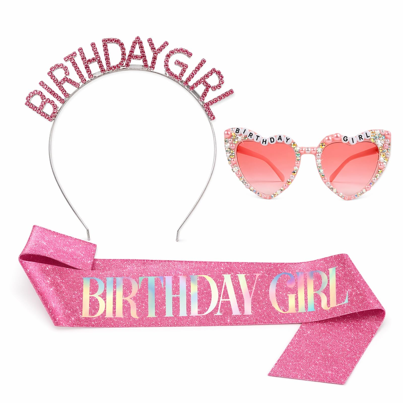 Hsuxugy 3Pcs Set Birthday Sash for Girls, Birthday Tiara and Headband Set Party Accessories, Ideal for Birthdays Celebrations and Photoshoots