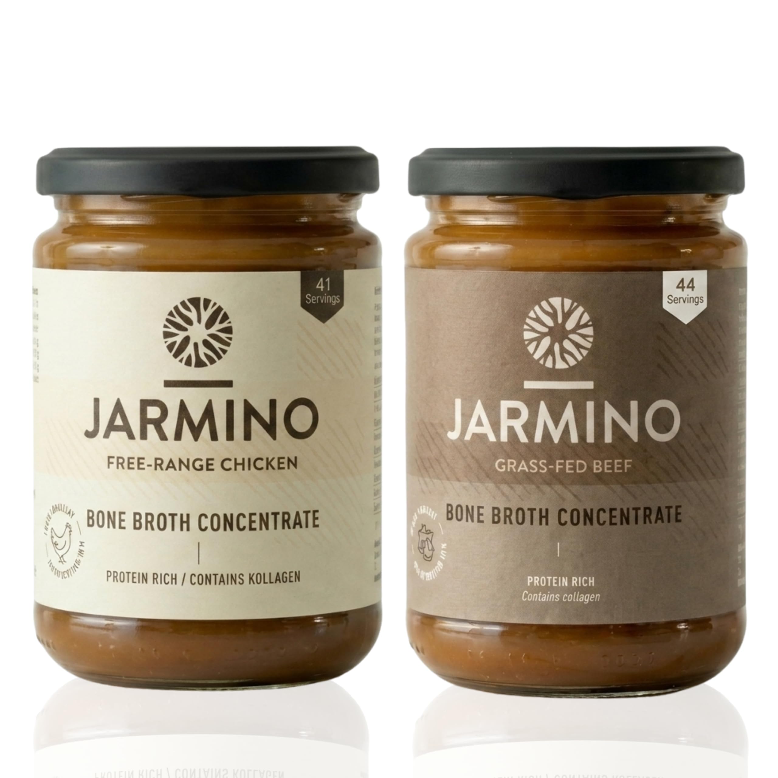 JARMINO Bio Knochenbrühe Konzentrat Bundle – Huhn & Rind, 2er Pack (410g & 440g) – Kollagenreich, Freiland & Grasgefüttert, Keto, Paleo, Natürliche Proteine & Aminosäuren