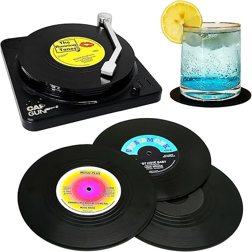 Divertidos posavasos retro para discos de vinilo, juego de 6 posavasos creativos con soporte para tocadiscos de vinilo para amantes de la música,