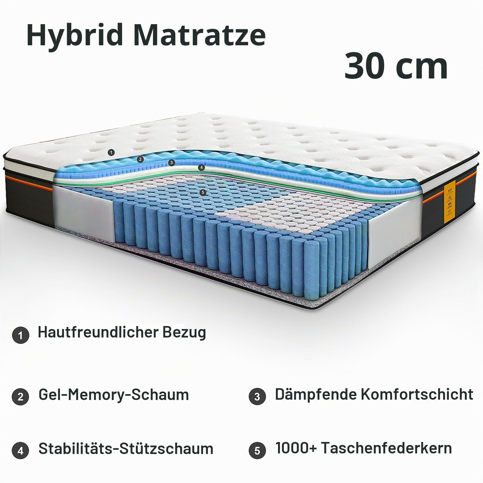 Weiche Matratze 140x200 cm Höhe 30 cm, 7-Zonen Taschenfederkernmatratze, Orthopädische Hybridmatratze mit Federkern und Memory-Schaum,Härtegrad H2,Boxspring Mattress 140*200cm,100 Nächte Probeschlafen