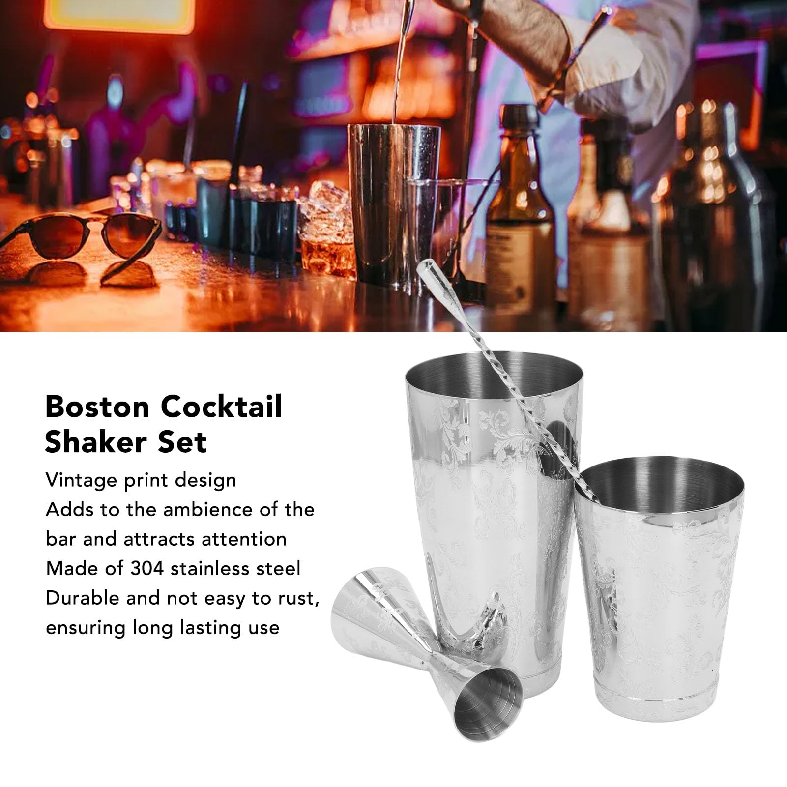 FLEXMAN Juego de Coctelera, Mezclador de Bebidas Multifuncional Profesional de Acero Inoxidable de Capacidad Media, Coctelera de Martini, Juego de Colador de Cóctel con Estampado (UNA)